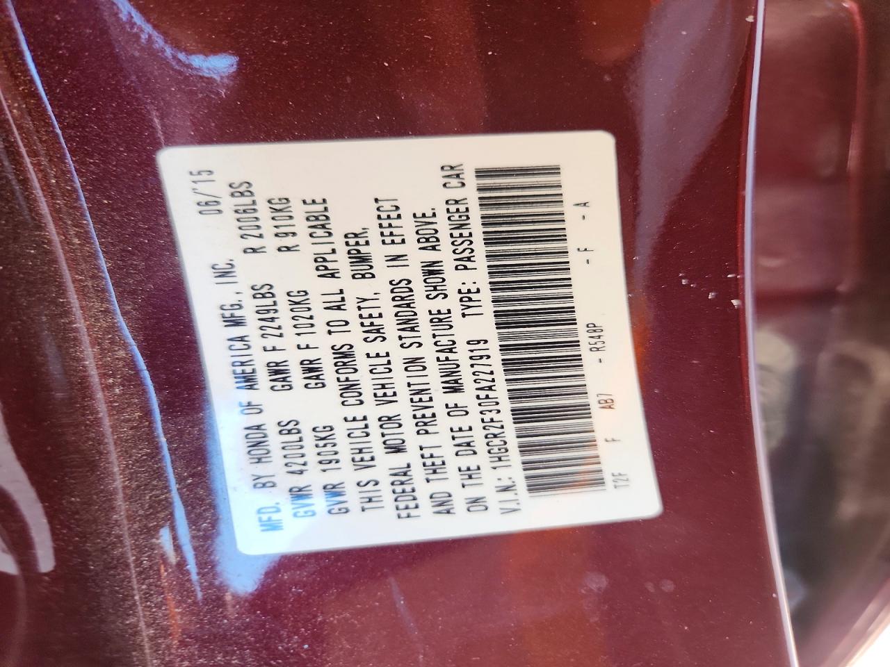 2015 Honda Accord Lx Burgundy vin: 1HGCR2F30FA227919