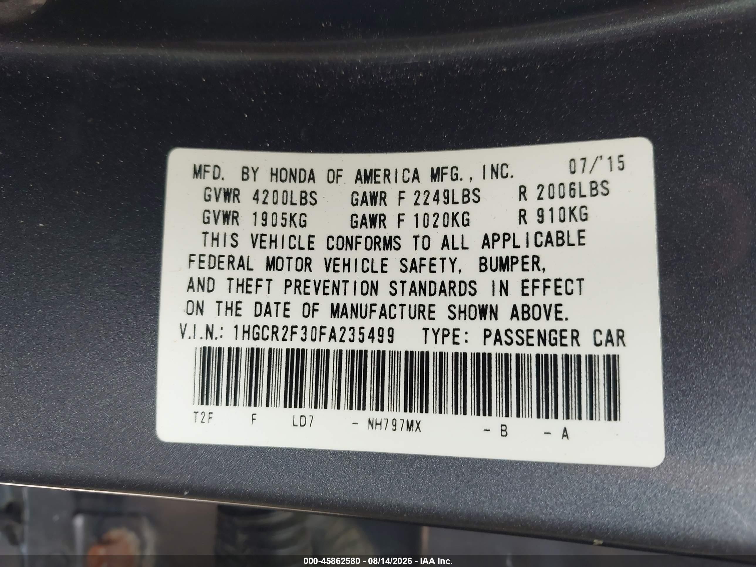 2015 Honda Accord Lx Серый vin: 1HGCR2F30FA235499