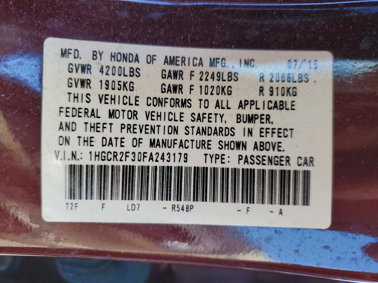 2015 Honda Accord Lx Burgundy vin: 1HGCR2F30FA243179