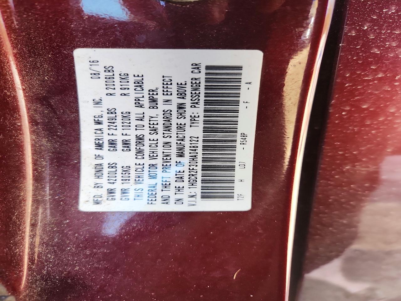 2017 Honda Accord Lx Burgundy vin: 1HGCR2F30HA048122