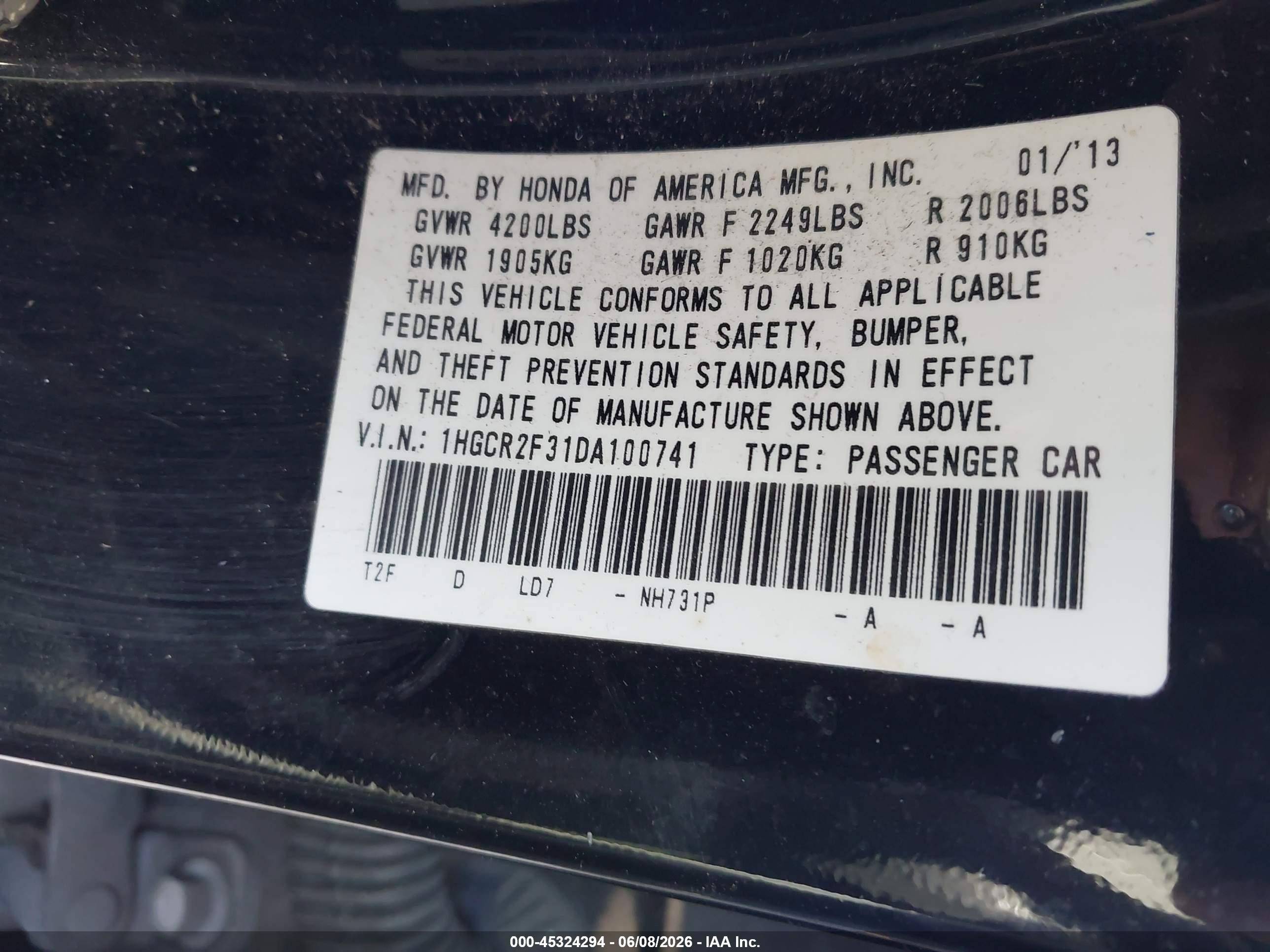 2013 Honda Accord Lx Черный vin: 1HGCR2F31DA100741