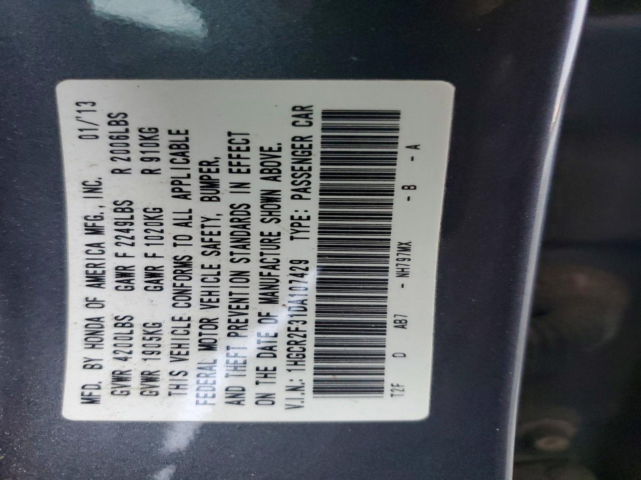 2013 Honda Accord Lx Gray vin: 1HGCR2F31DA107429