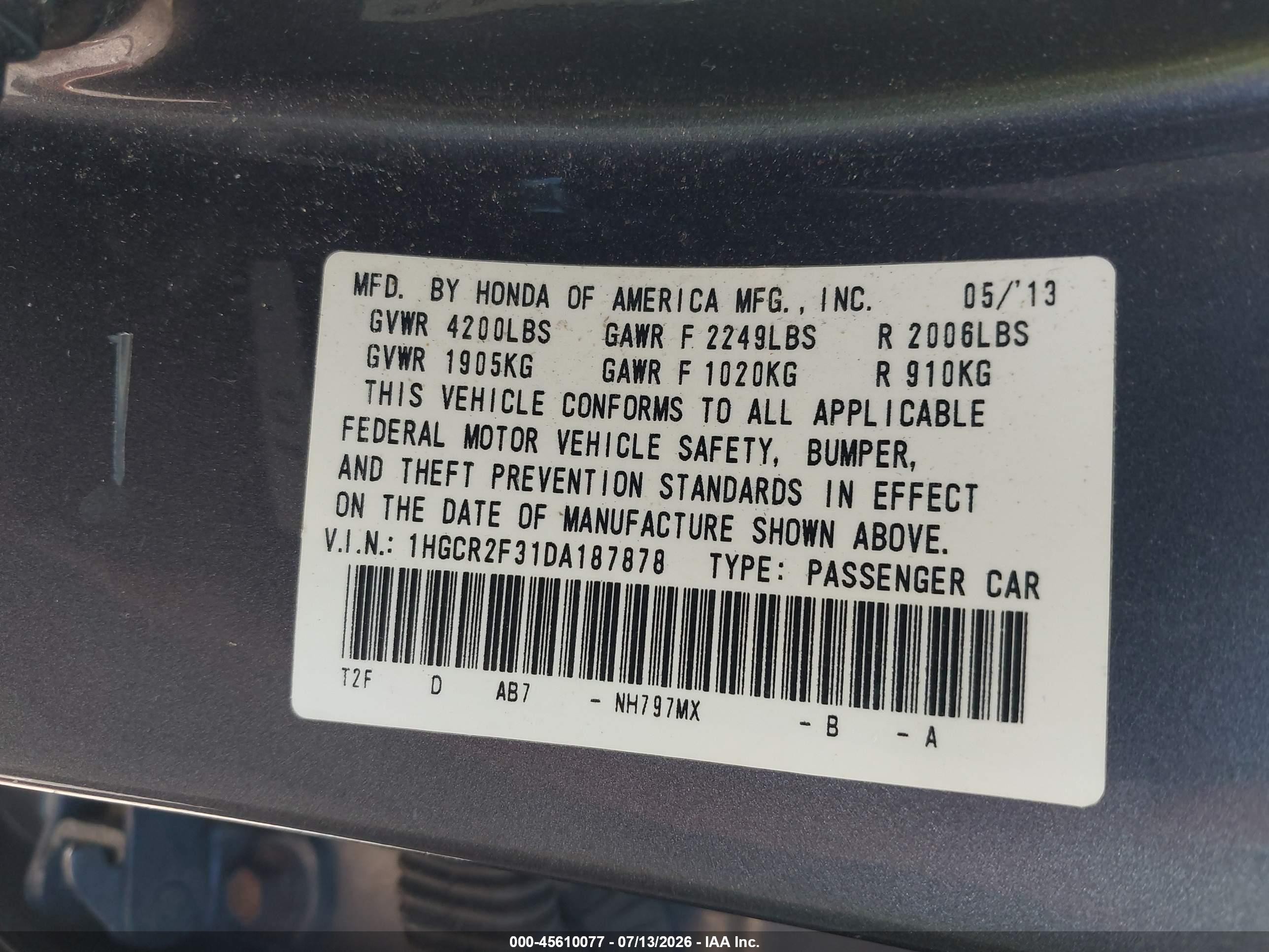 2013 Honda Accord Lx Серый vin: 1HGCR2F31DA187878