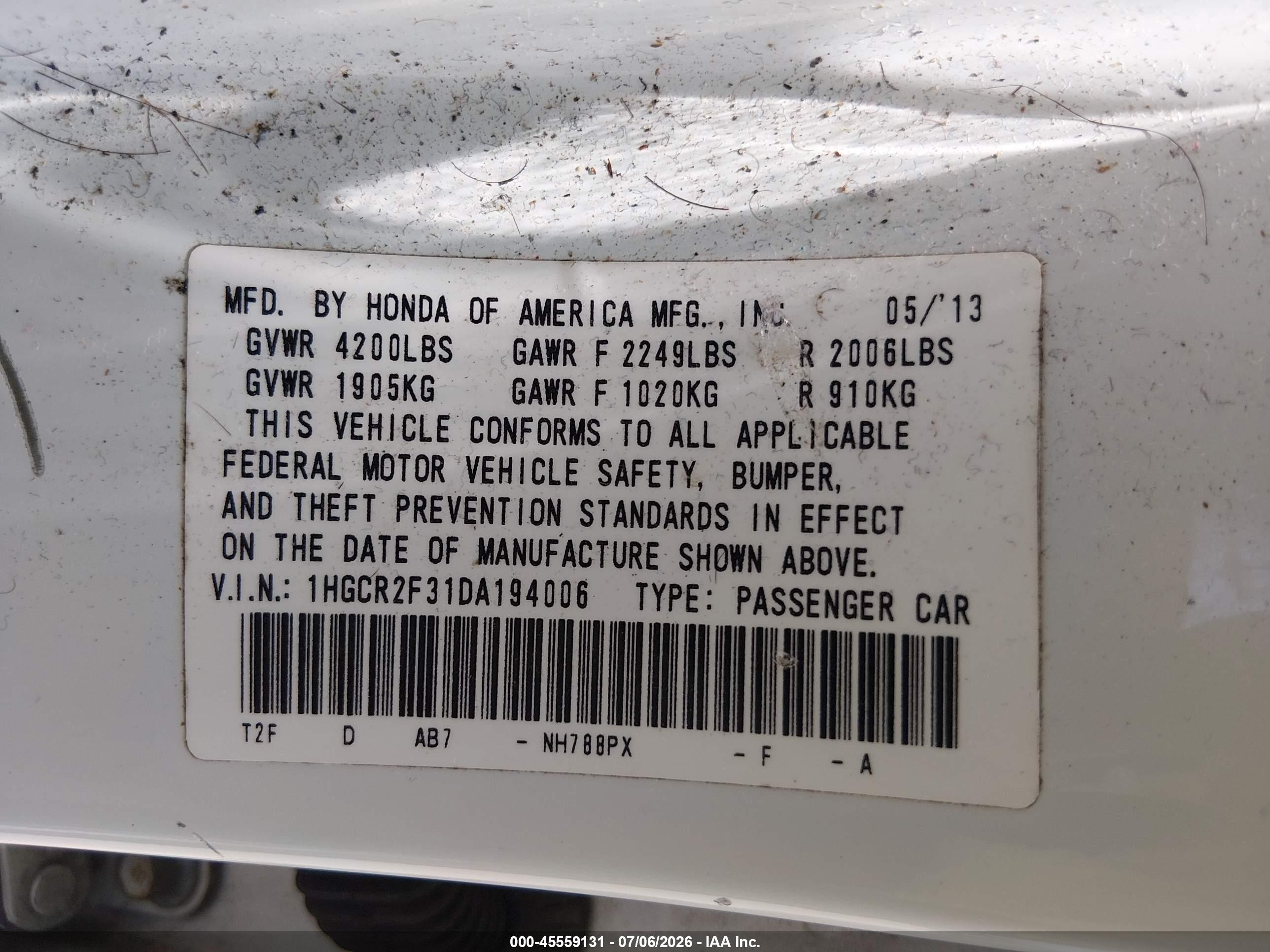 2013 Honda Accord Lx Белый vin: 1HGCR2F31DA194006