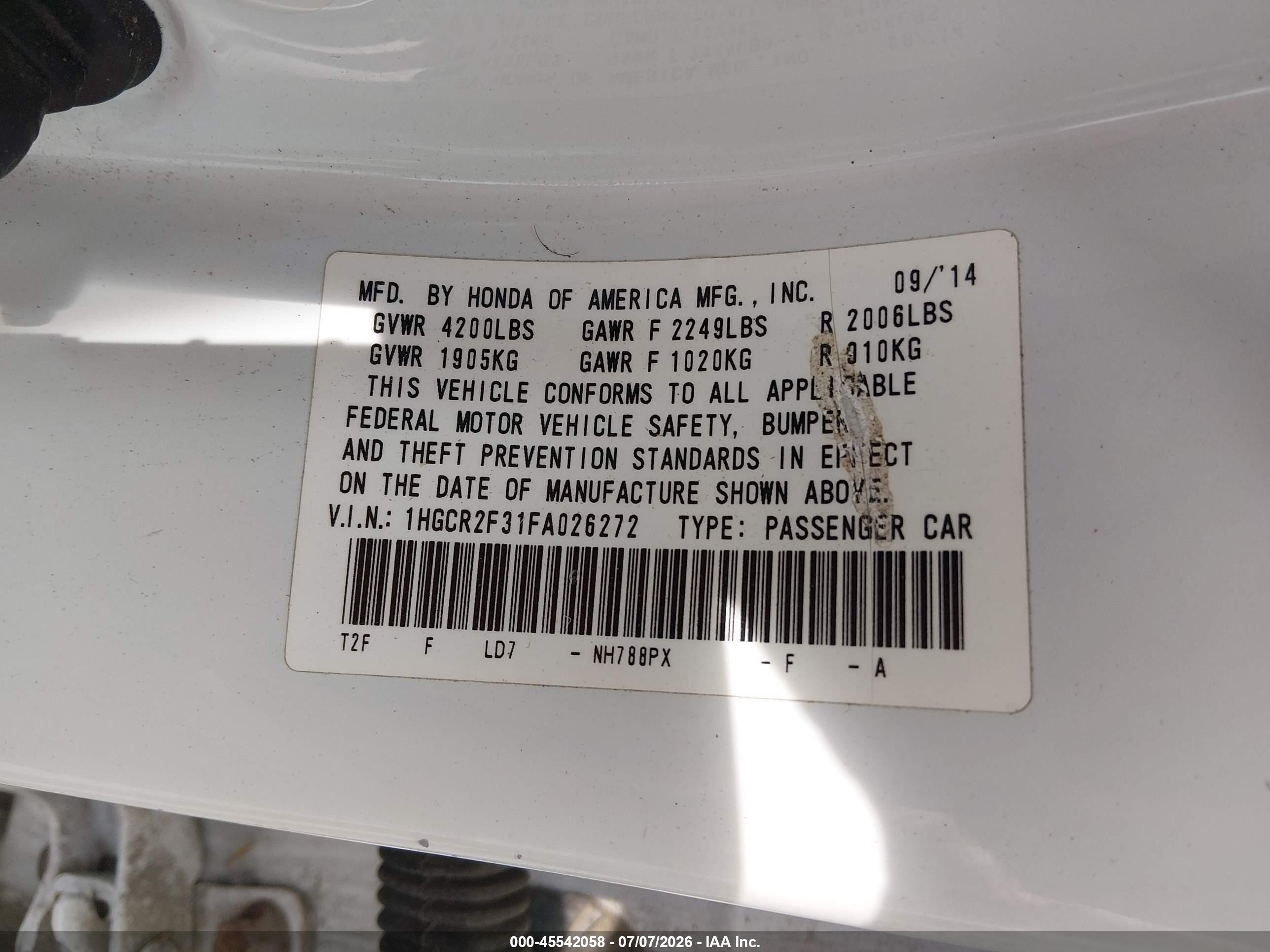 2015 Honda Accord Lx Белый vin: 1HGCR2F31FA026272