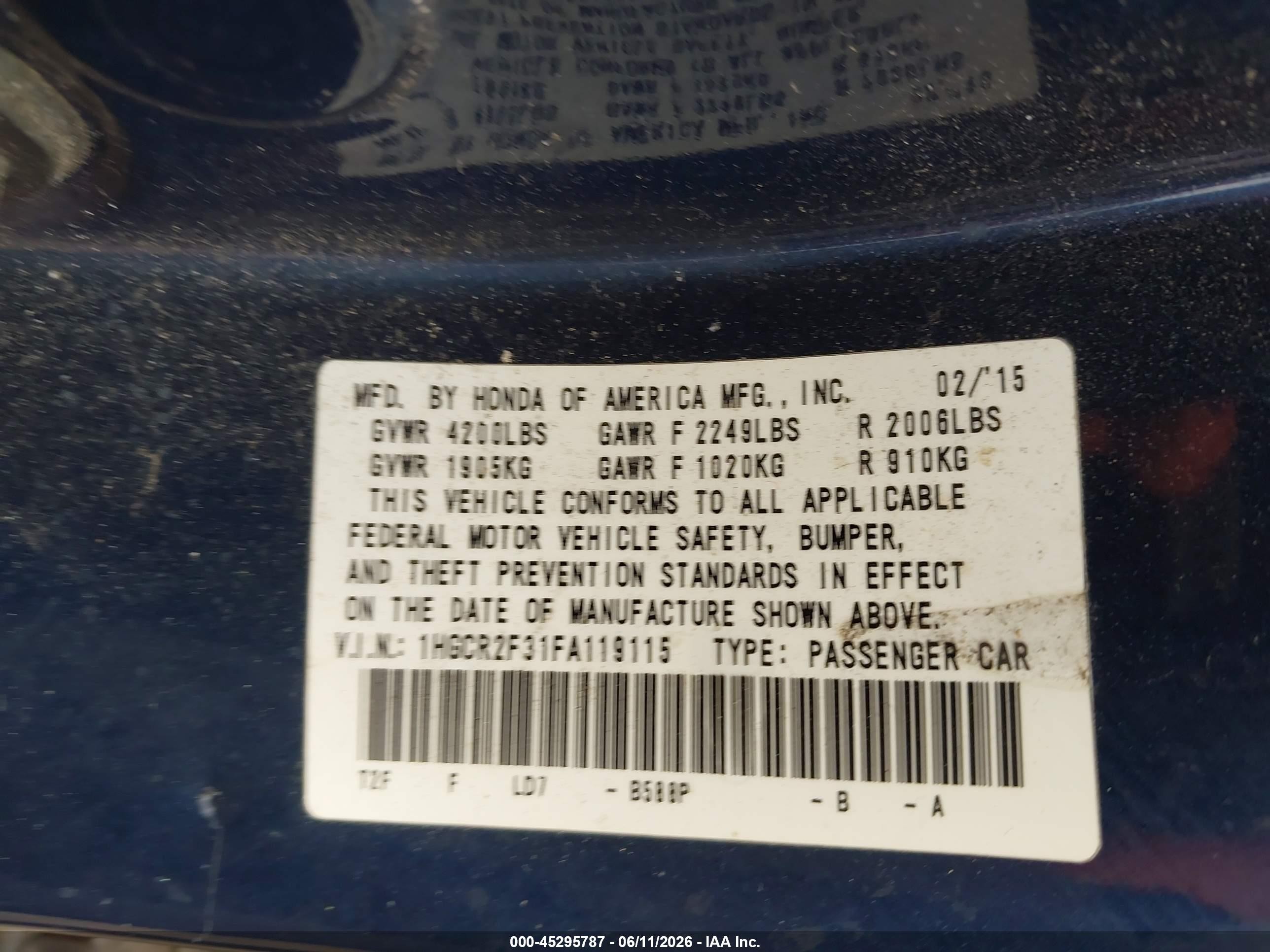 2015 Honda Accord Lx Blue vin: 1HGCR2F31FA119115