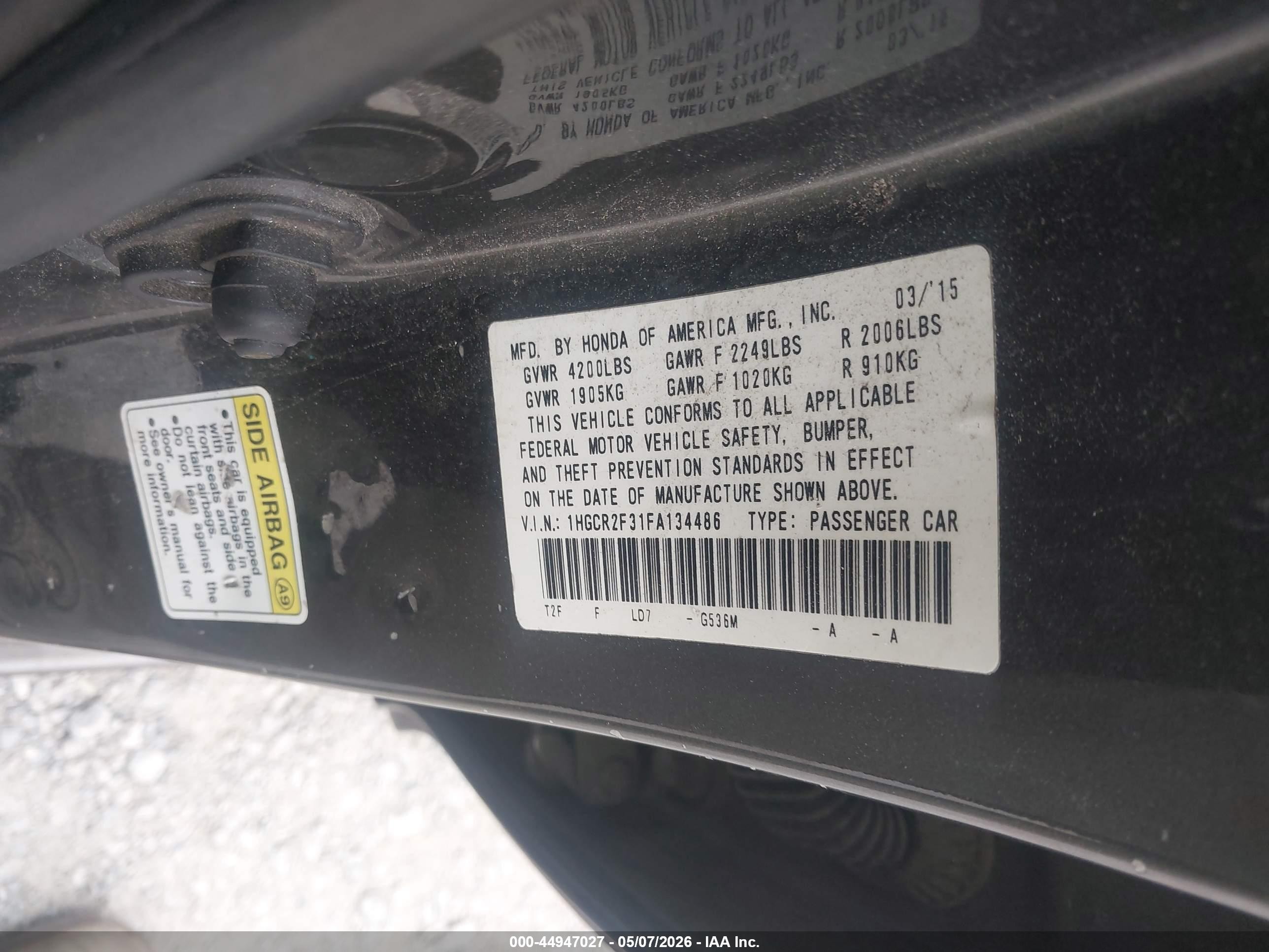 2015 Honda Accord Lx Gray vin: 1HGCR2F31FA134486