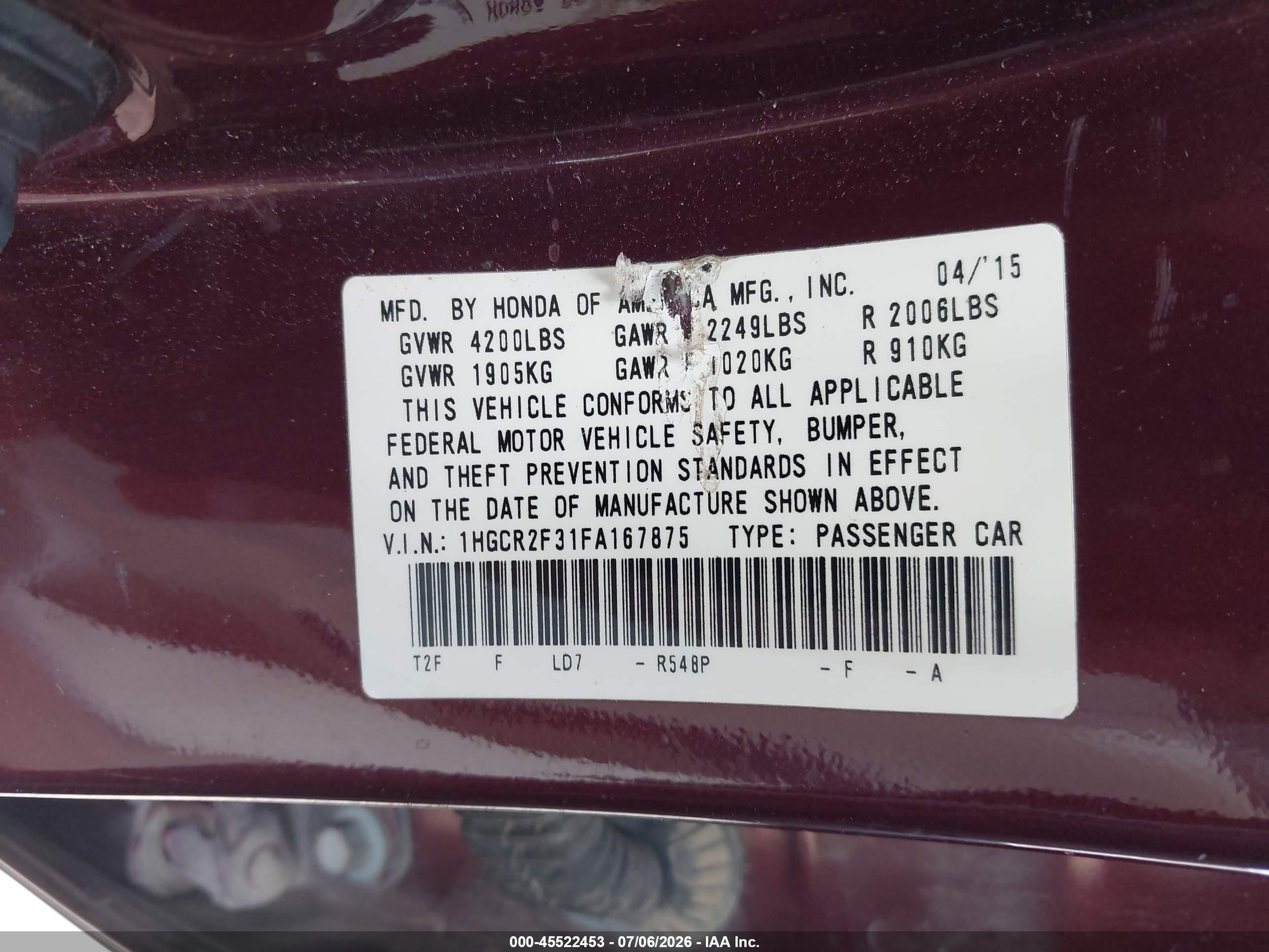 2015 Honda Accord Lx Burgundy vin: 1HGCR2F31FA167875