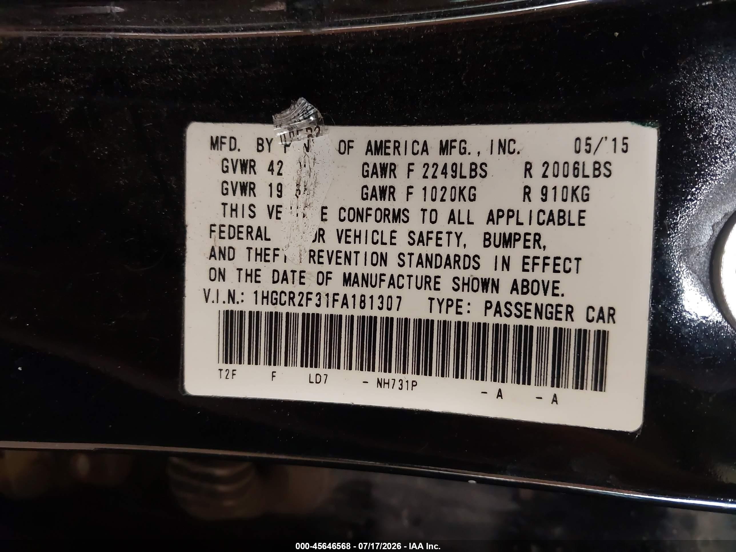 2015 Honda Accord Lx Black vin: 1HGCR2F31FA181307