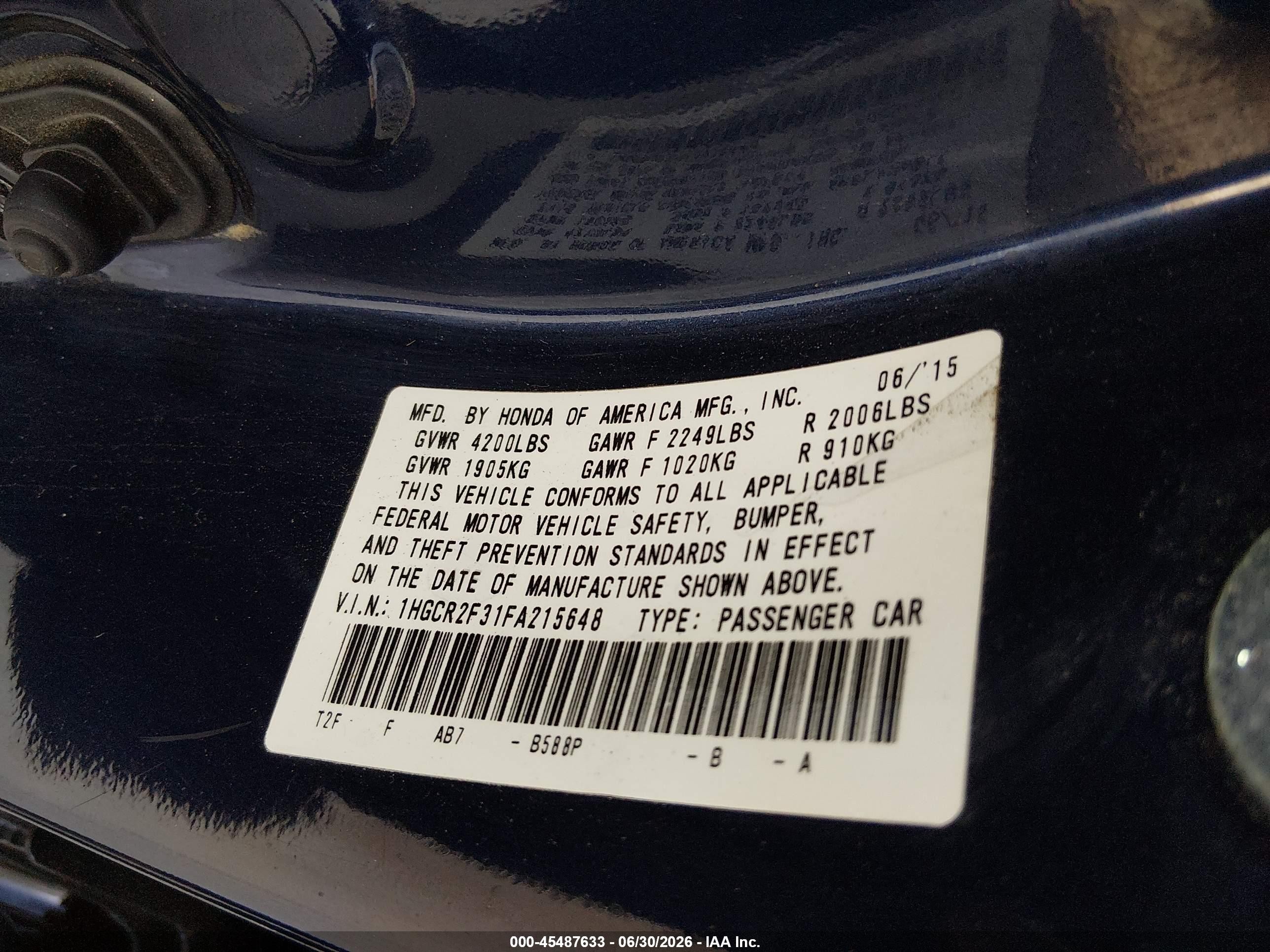 2015 Honda Accord Lx Blue vin: 1HGCR2F31FA215648