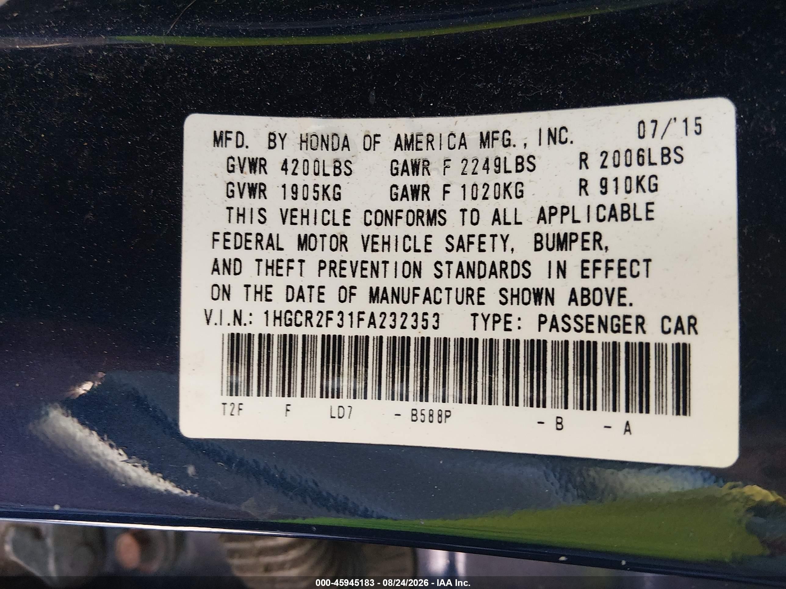 2015 Honda Accord Lx Dark Blue vin: 1HGCR2F31FA232353