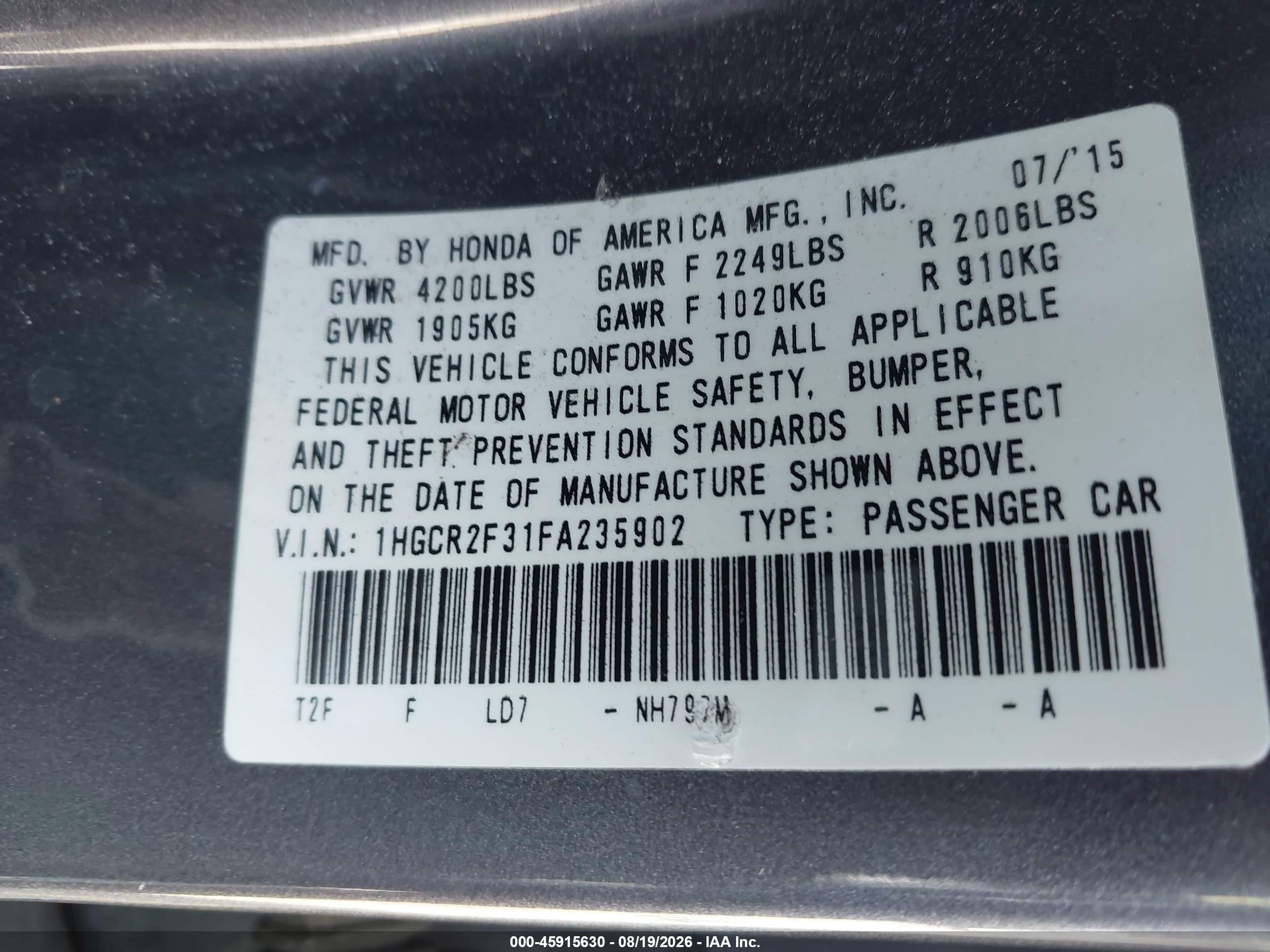 2015 Honda Accord Lx Gray vin: 1HGCR2F31FA235902