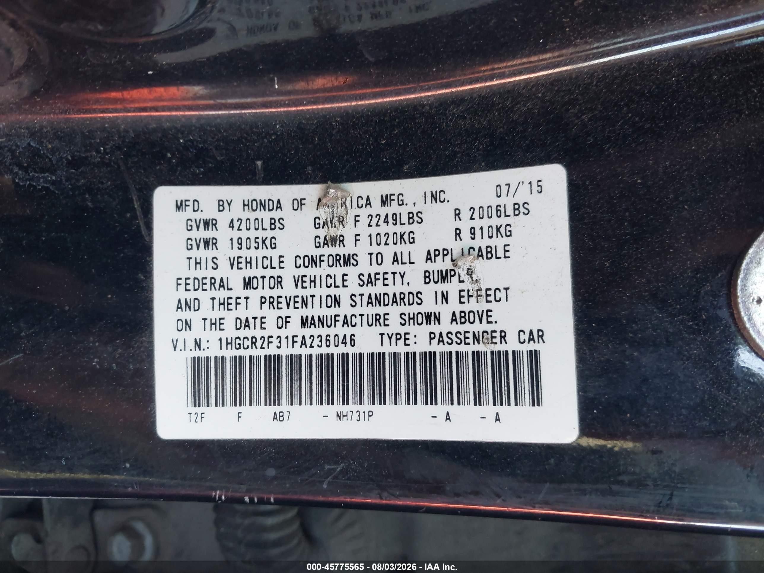 2015 Honda Accord Lx Black vin: 1HGCR2F31FA236046