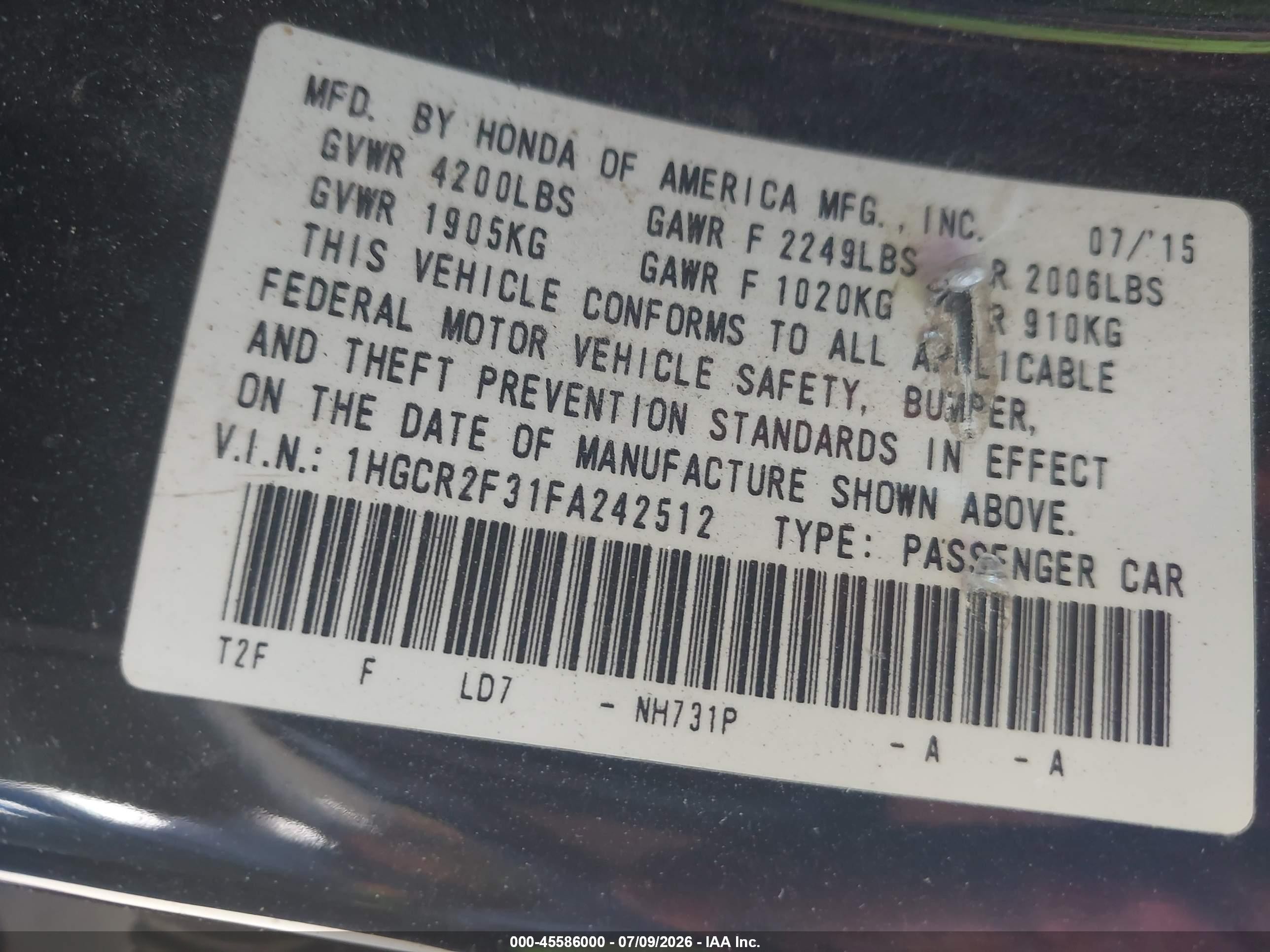 2015 Honda Accord Lx Black vin: 1HGCR2F31FA242512