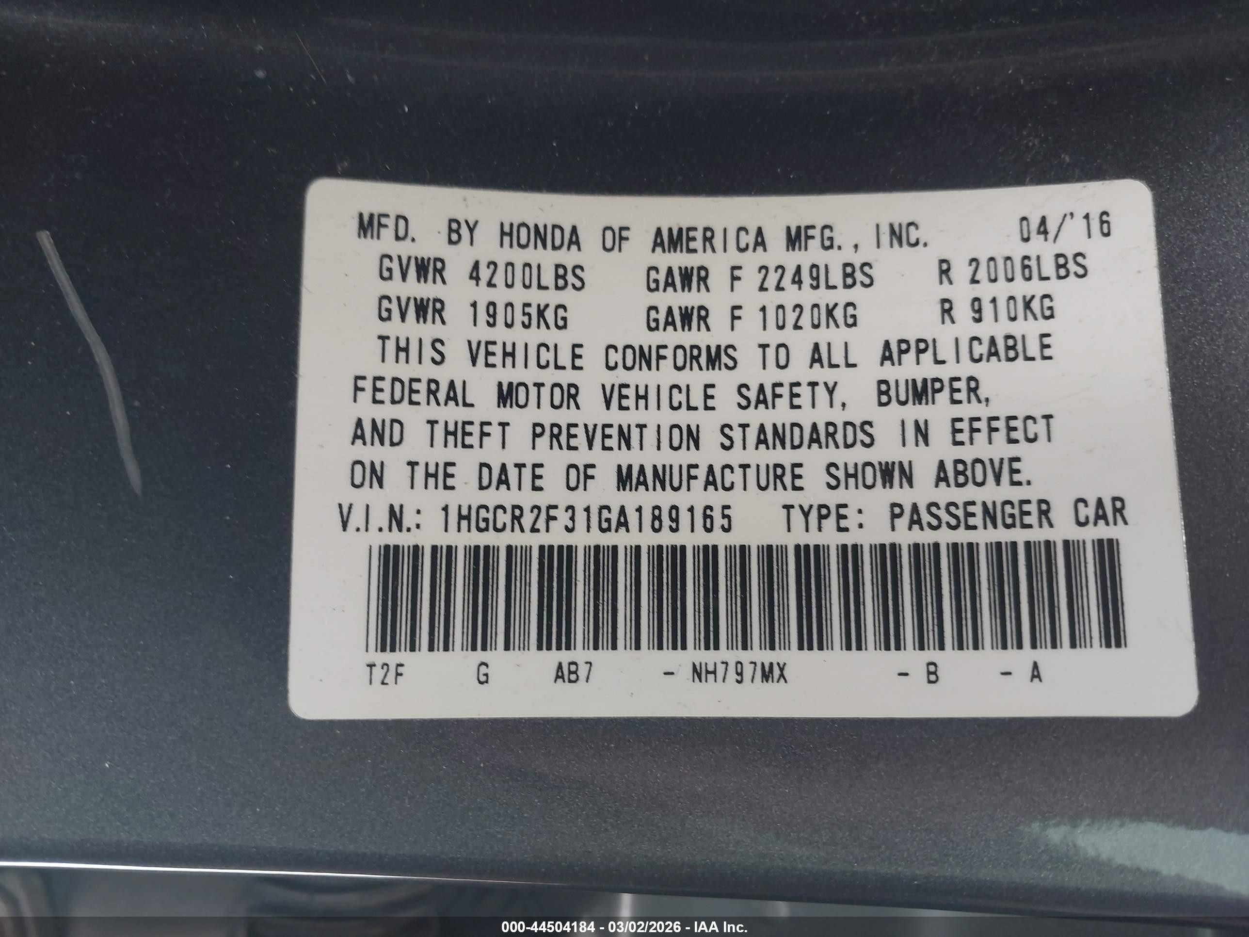 2016 Honda Accord Lx Серый vin: 1HGCR2F31GA189165