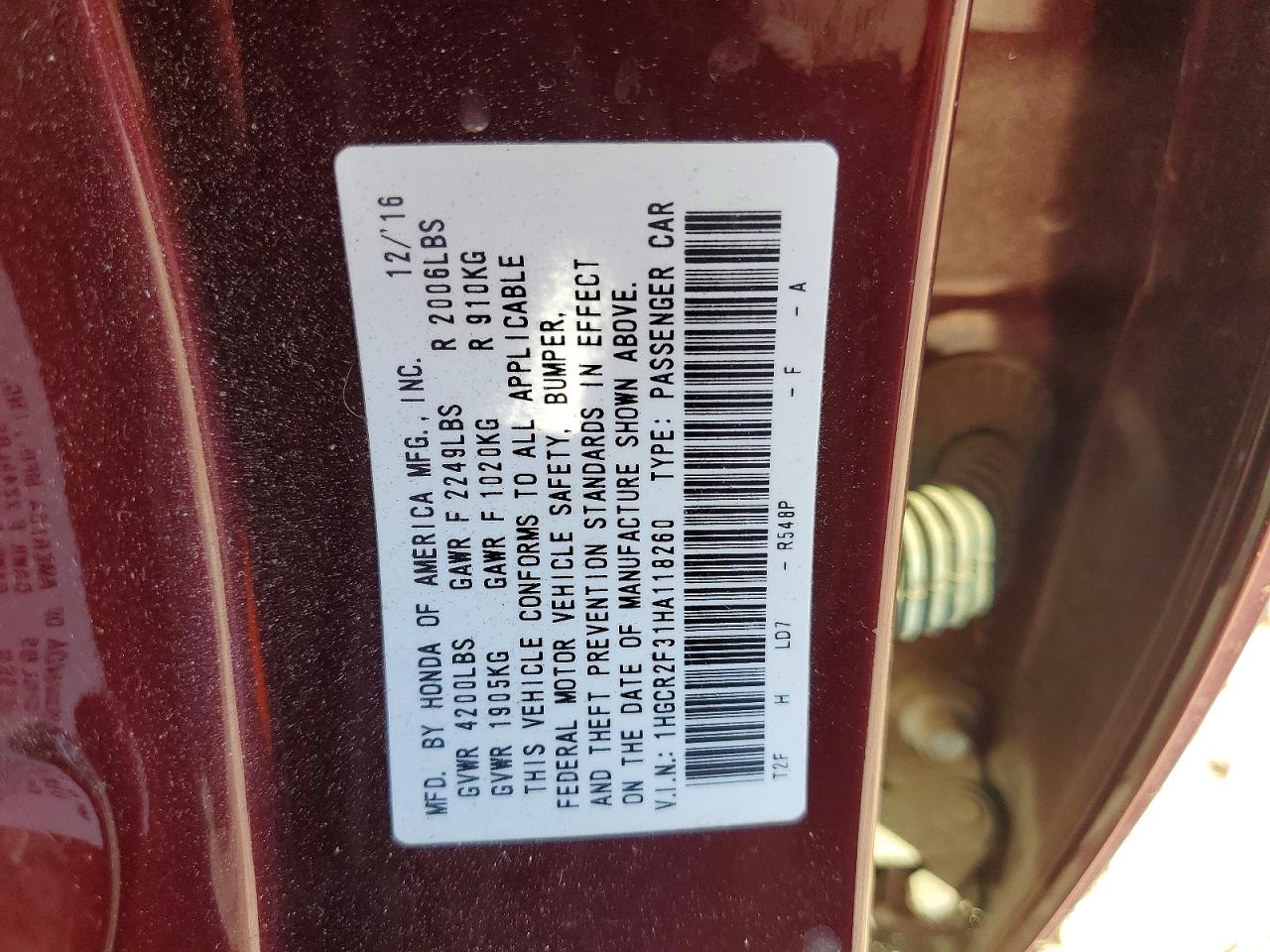 2017 Honda Accord Lx Burgundy vin: 1HGCR2F31HA118260