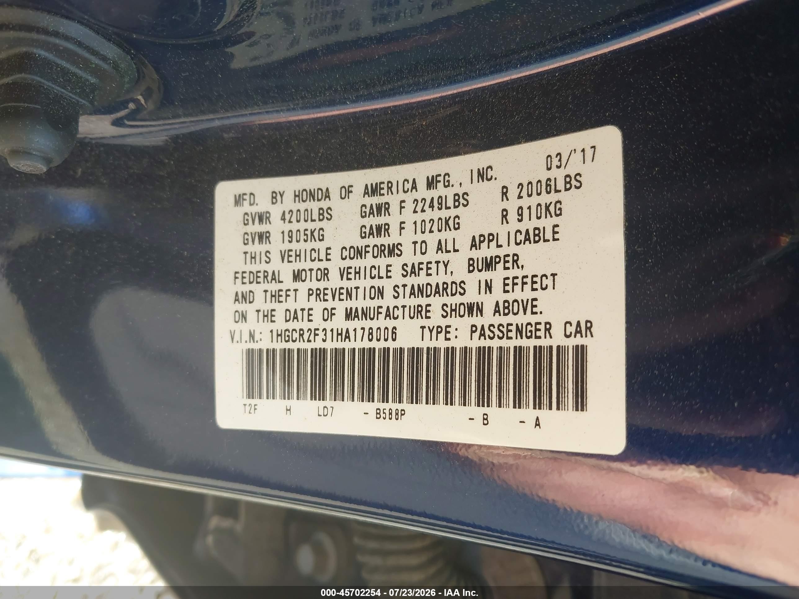2017 Honda Accord Lx Синий vin: 1HGCR2F31HA178006