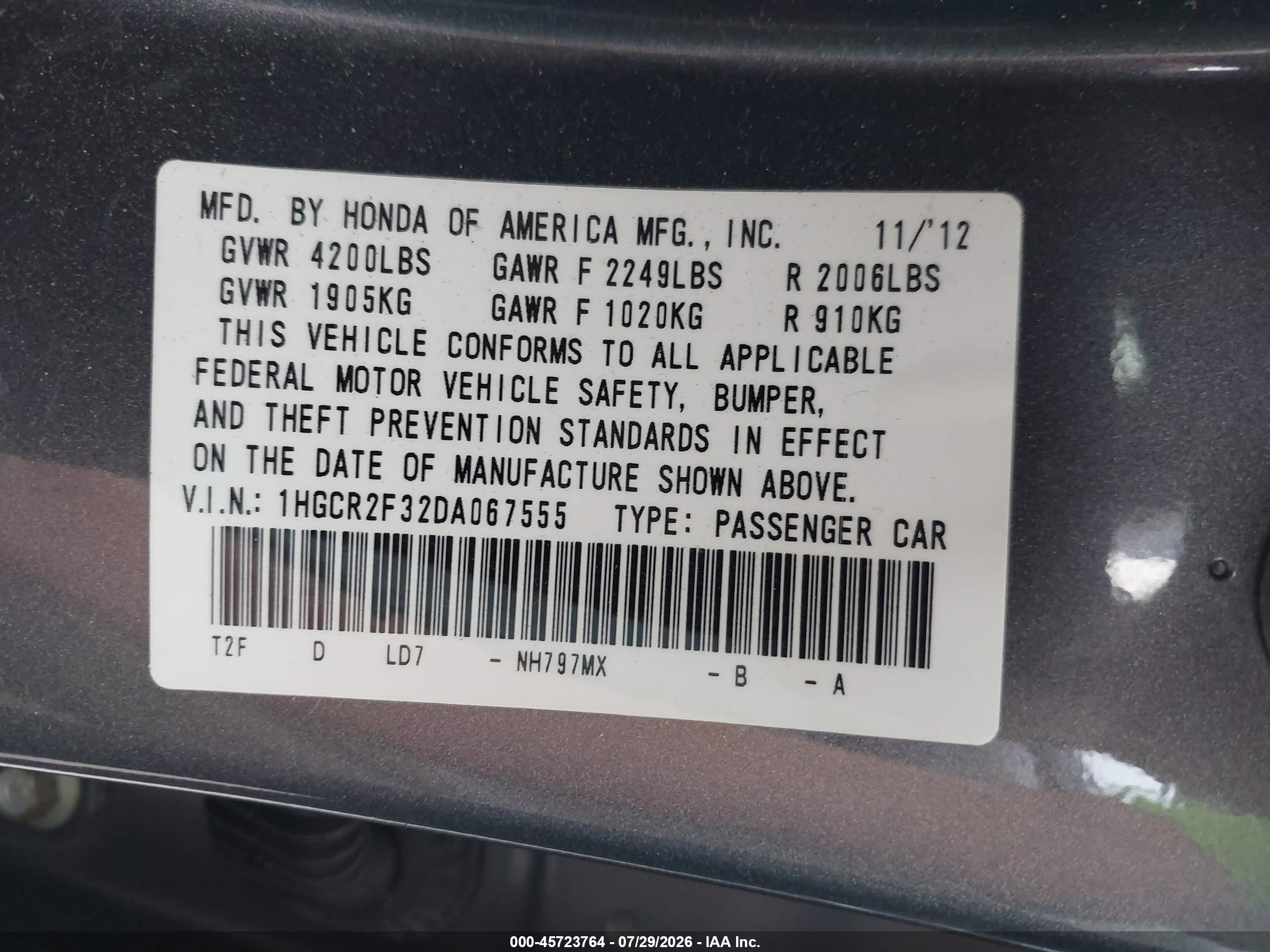 2013 Honda Accord Lx Gray vin: 1HGCR2F32DA067555