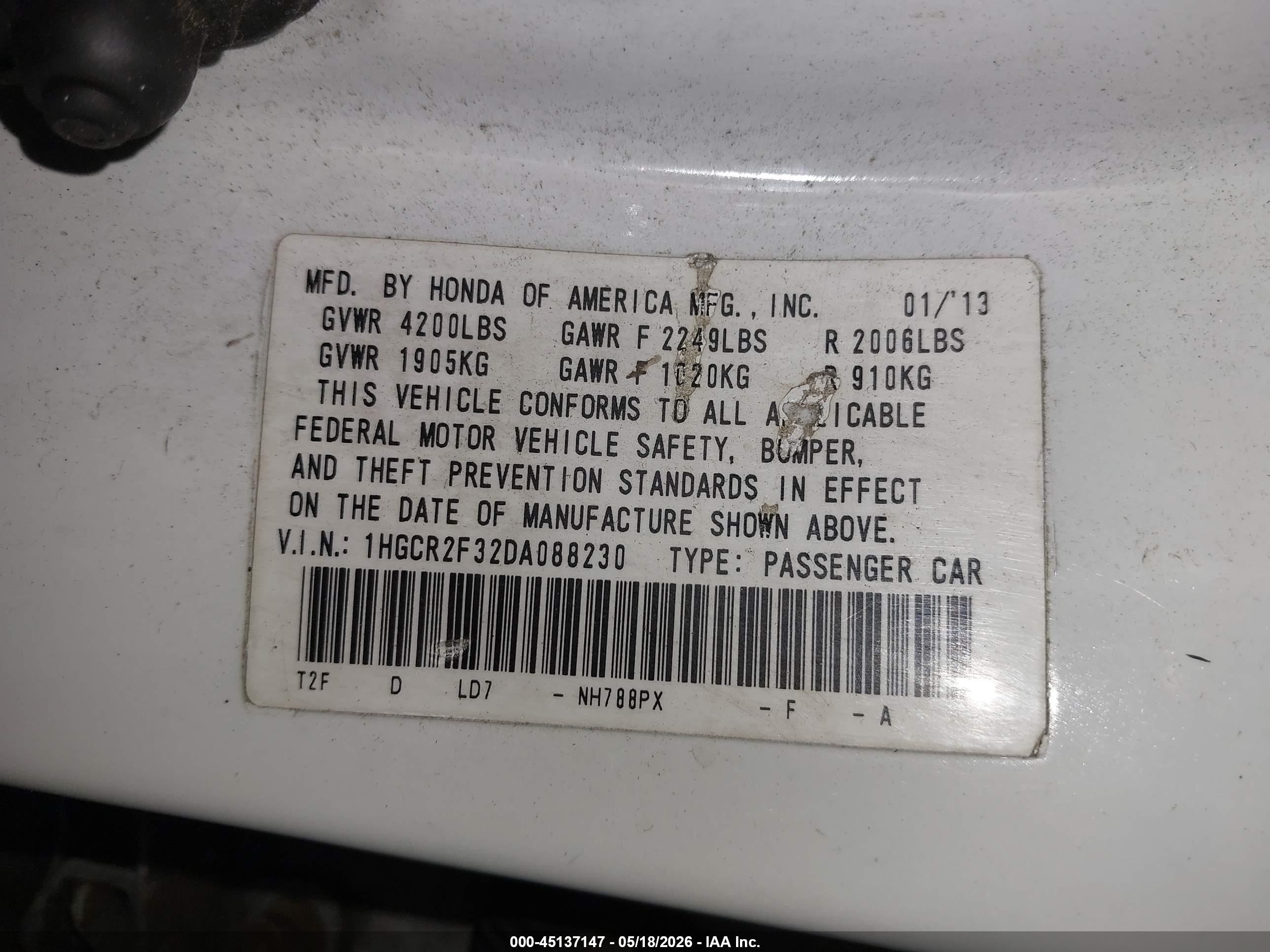 2013 Honda Accord Lx White vin: 1HGCR2F32DA088230