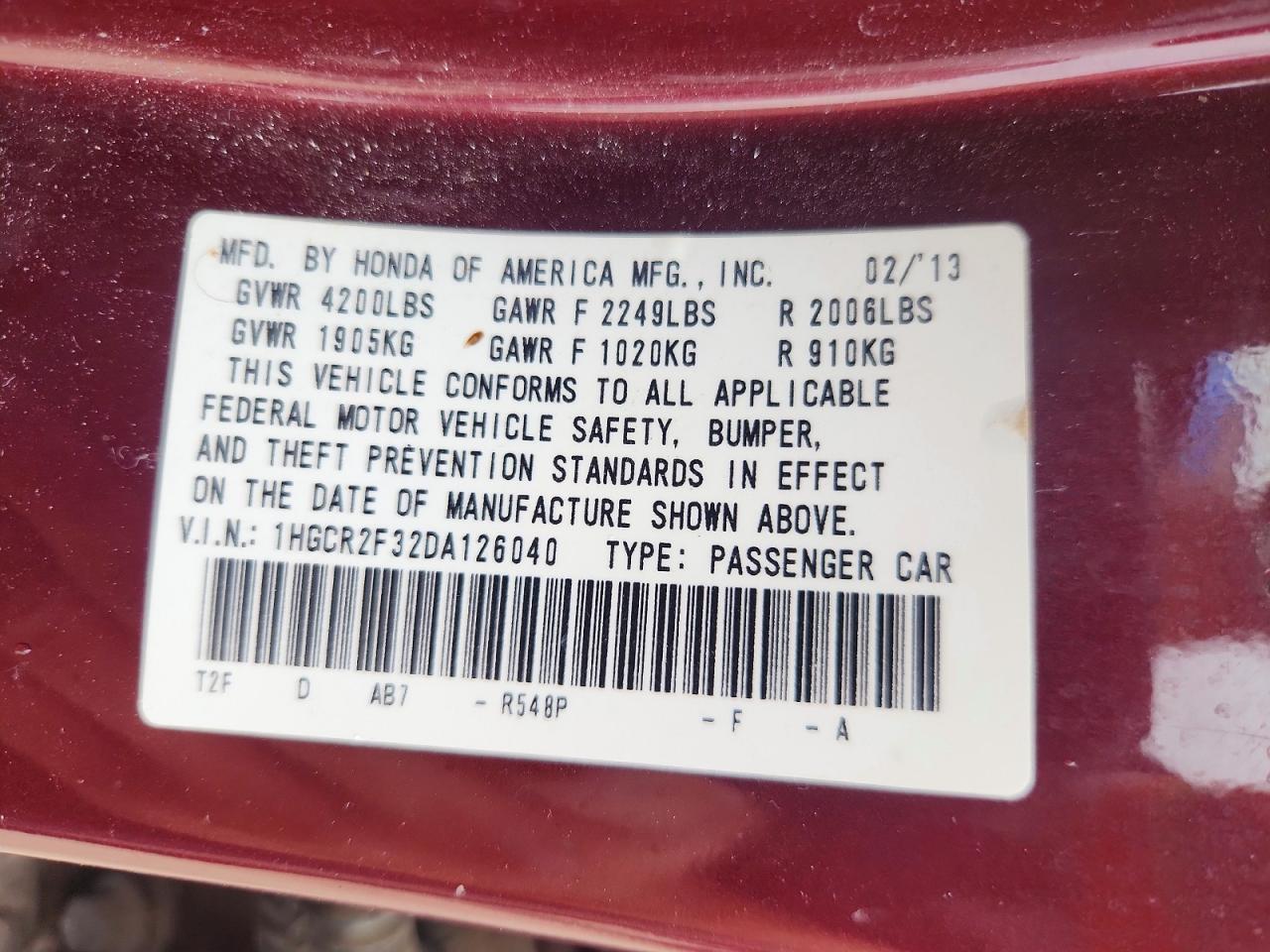 2013 Honda Accord Lx Burgundy vin: 1HGCR2F32DA126040