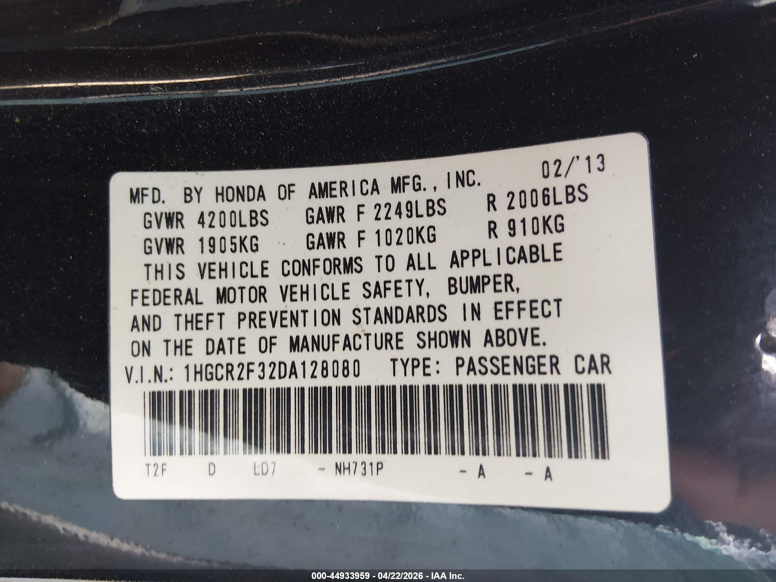 2013 Honda Accord Lx Черный vin: 1HGCR2F32DA128080