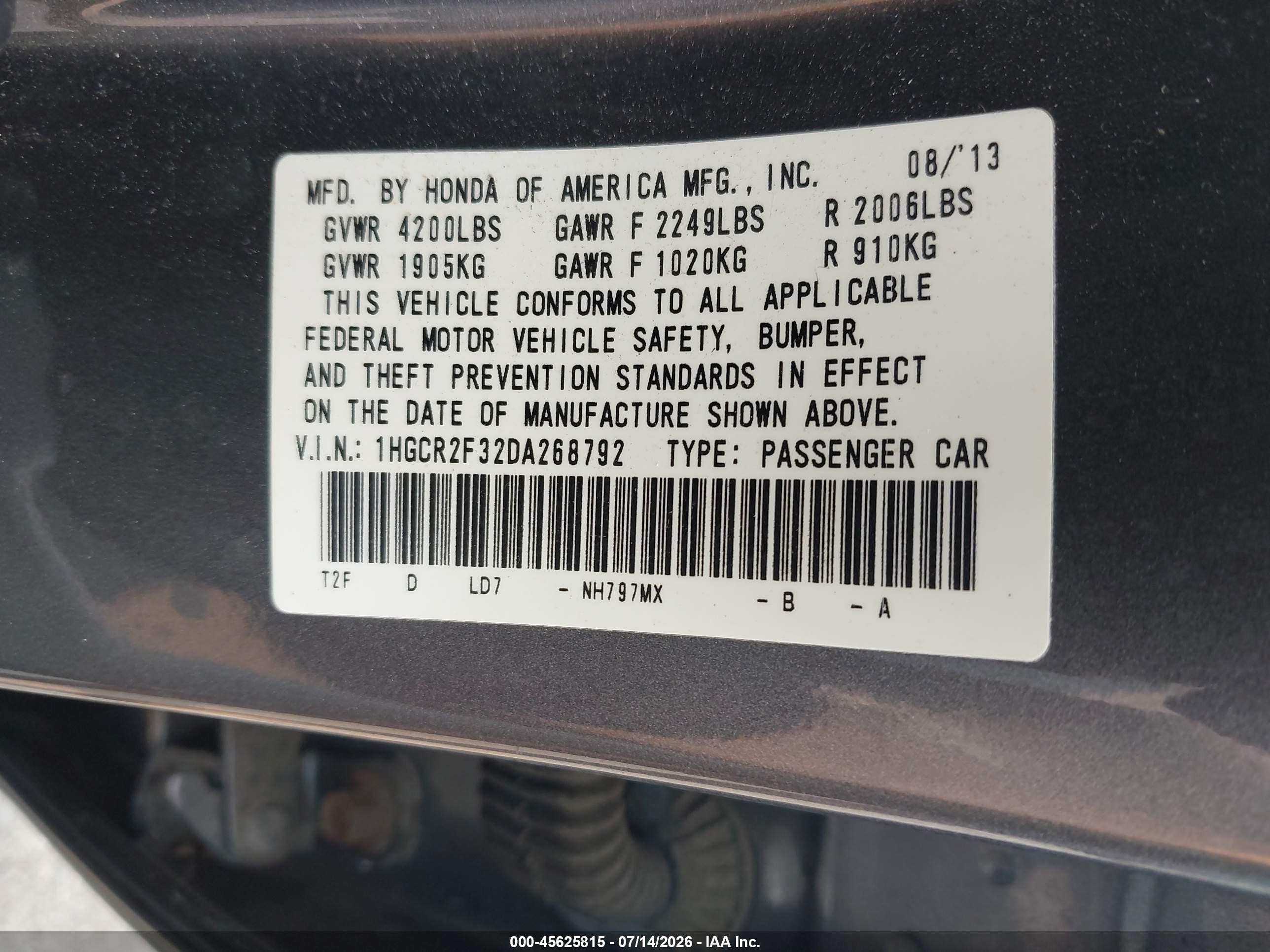 2013 Honda Accord Lx Gray vin: 1HGCR2F32DA268792