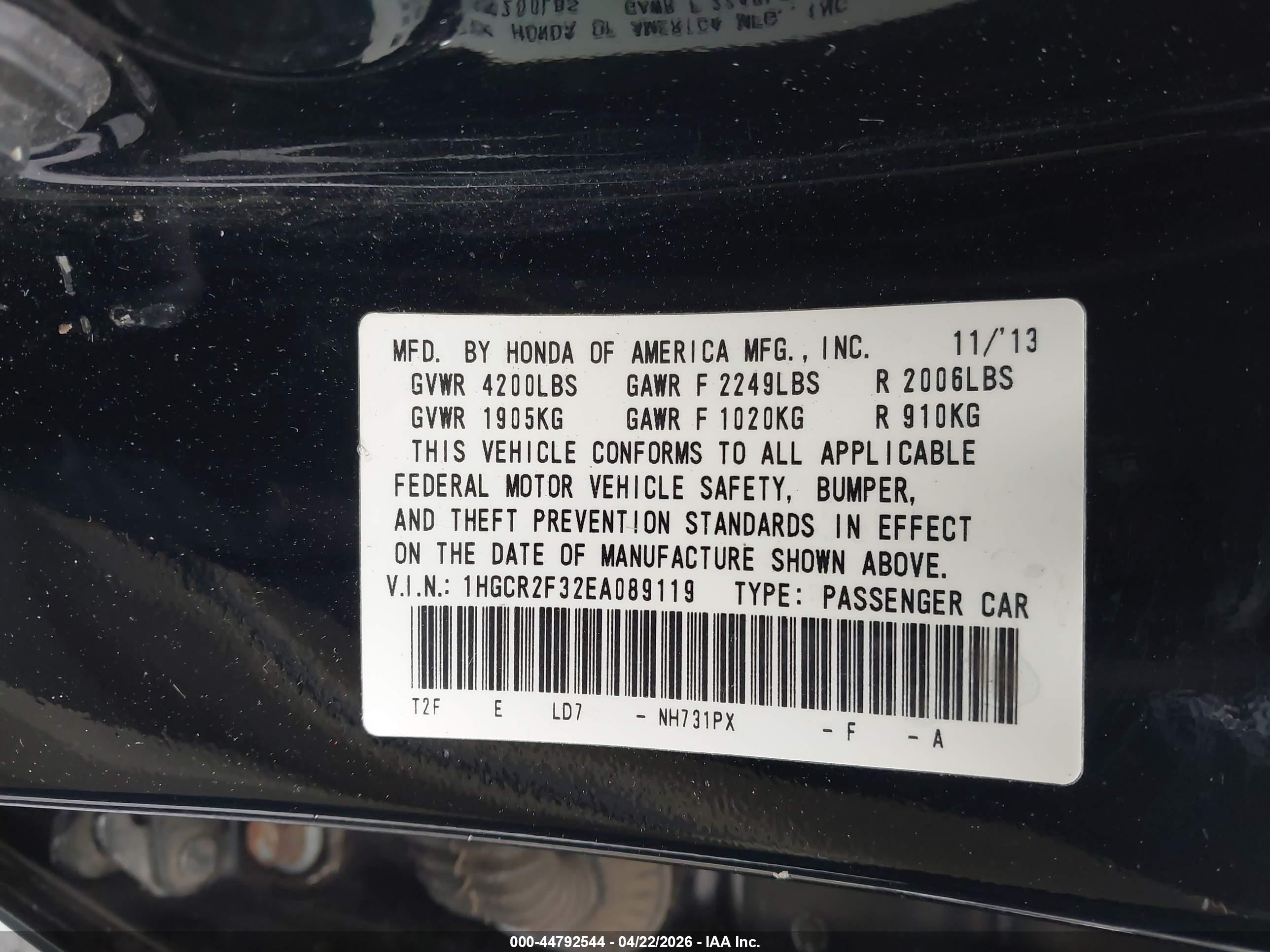2014 Honda Accord Lx Черный vin: 1HGCR2F32EA089119