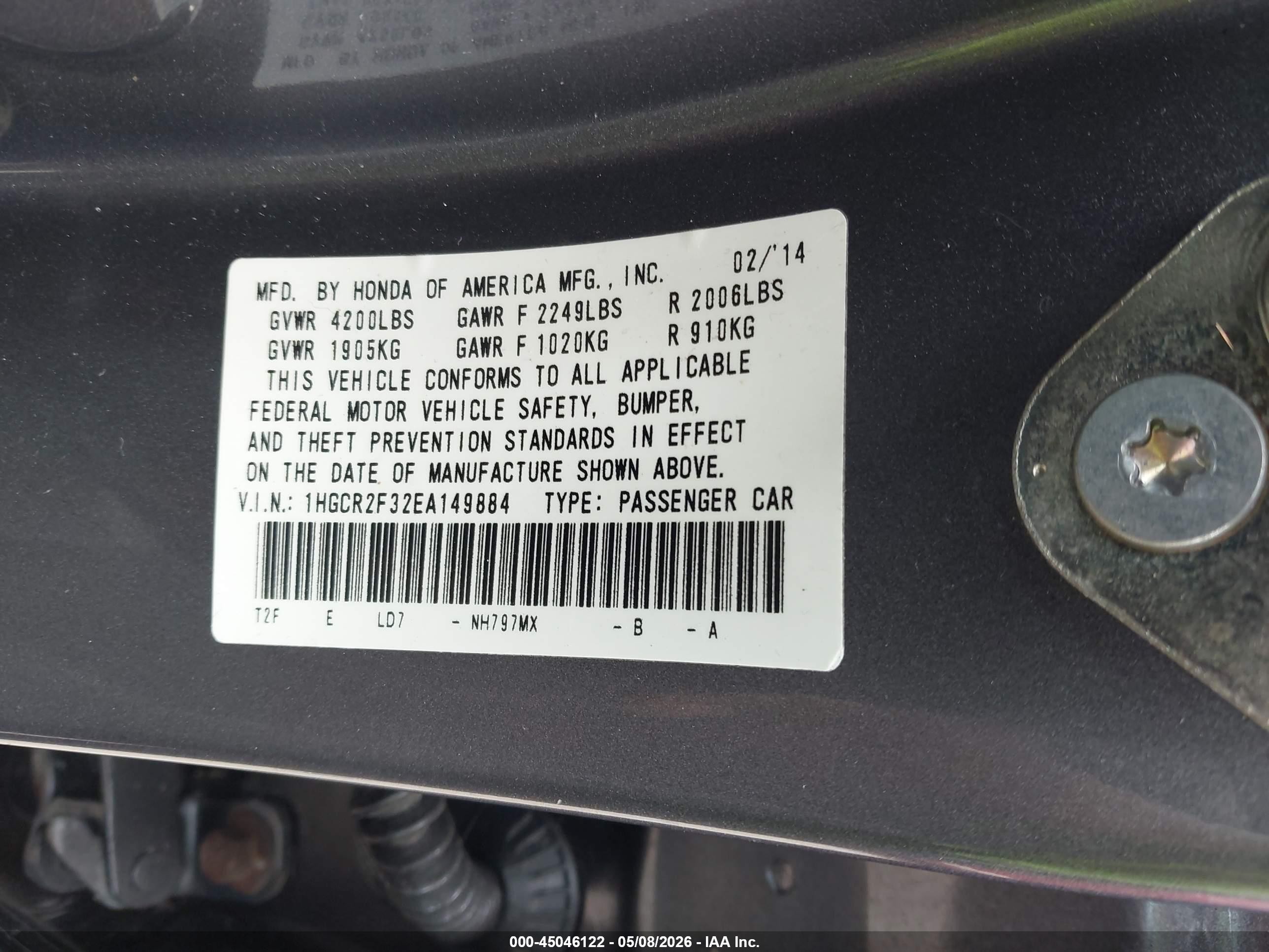 2014 Honda Accord Lx Gray vin: 1HGCR2F32EA149884