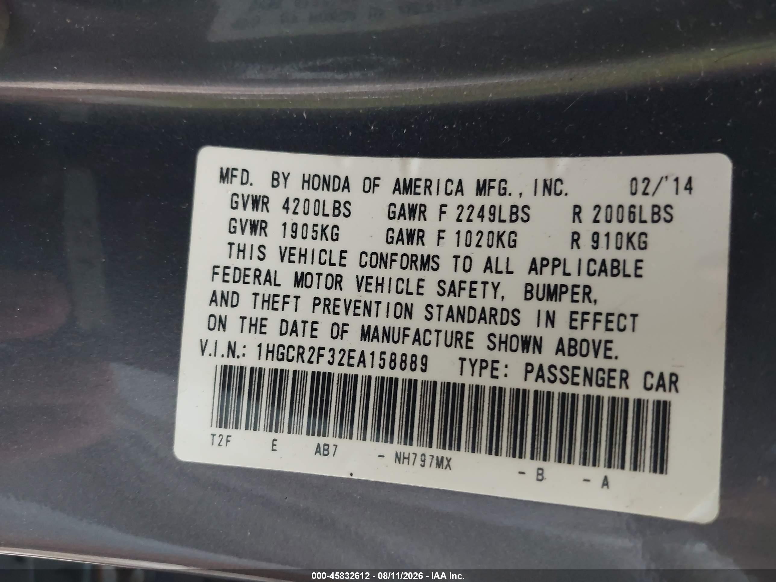 2014 Honda Accord Lx Gray vin: 1HGCR2F32EA158889