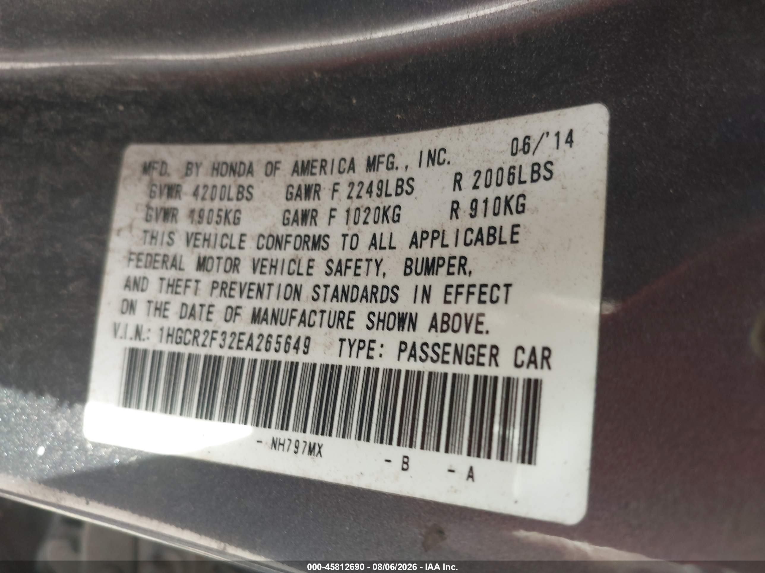 2014 Honda Accord Lx Gray vin: 1HGCR2F32EA265649