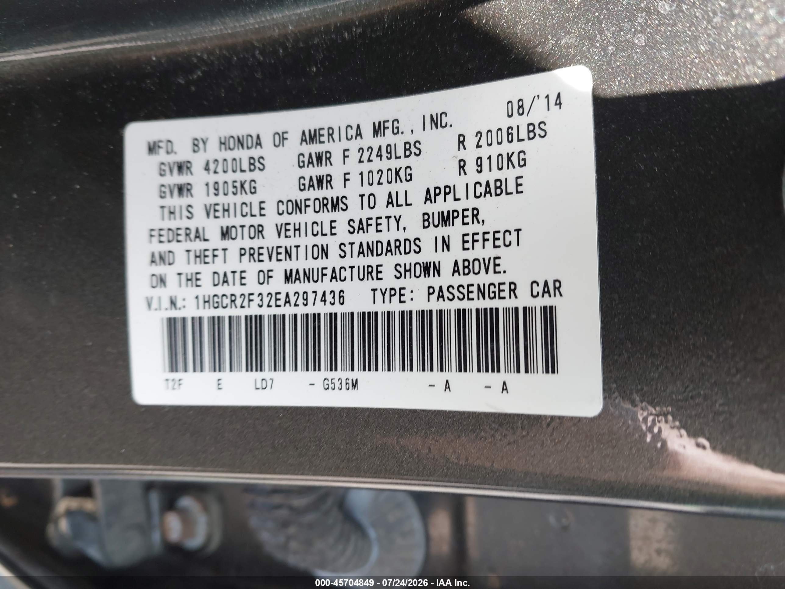 2014 Honda Accord Lx Gray vin: 1HGCR2F32EA297436