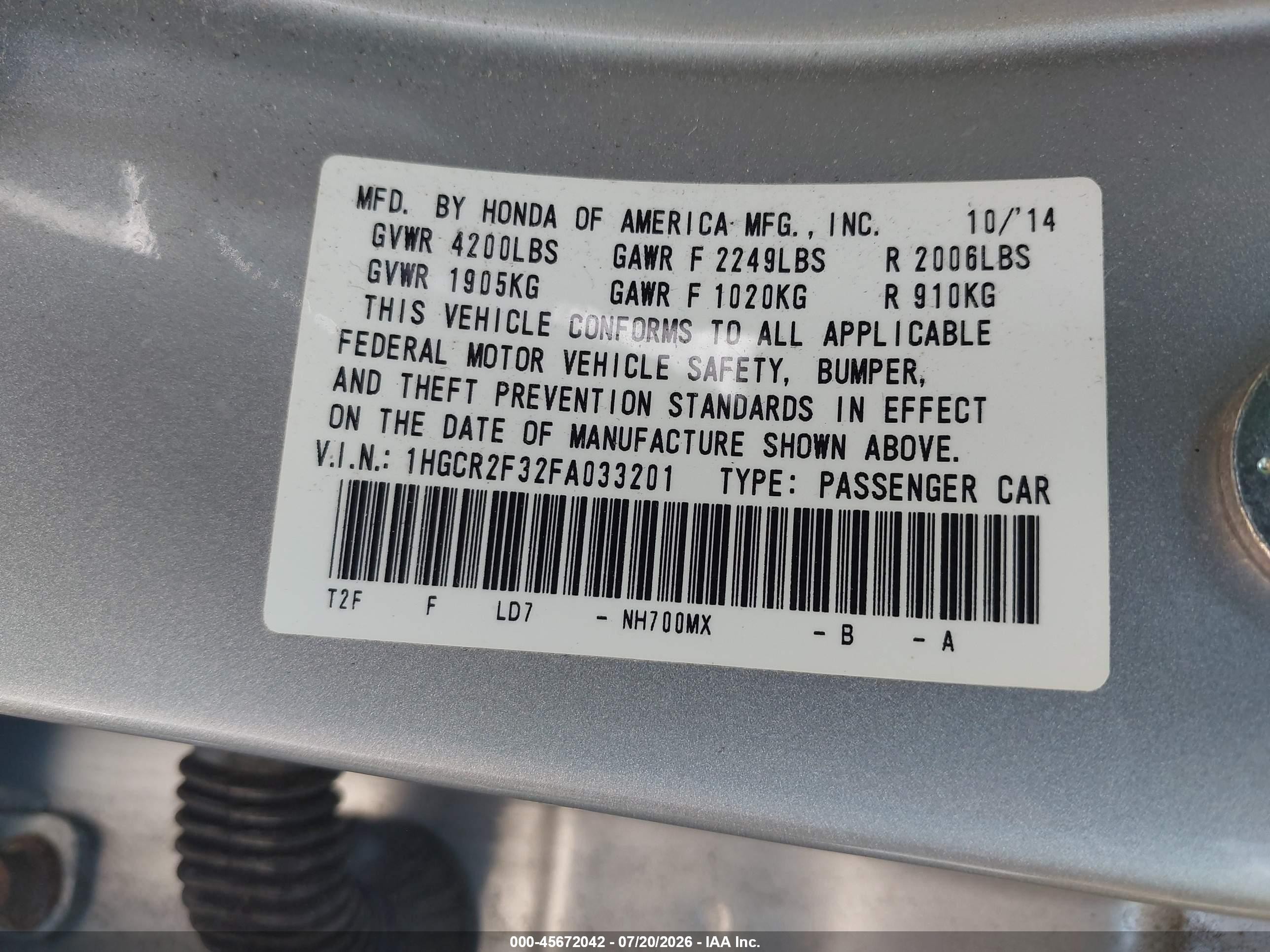 2015 Honda Accord Lx Серебряный vin: 1HGCR2F32FA033201