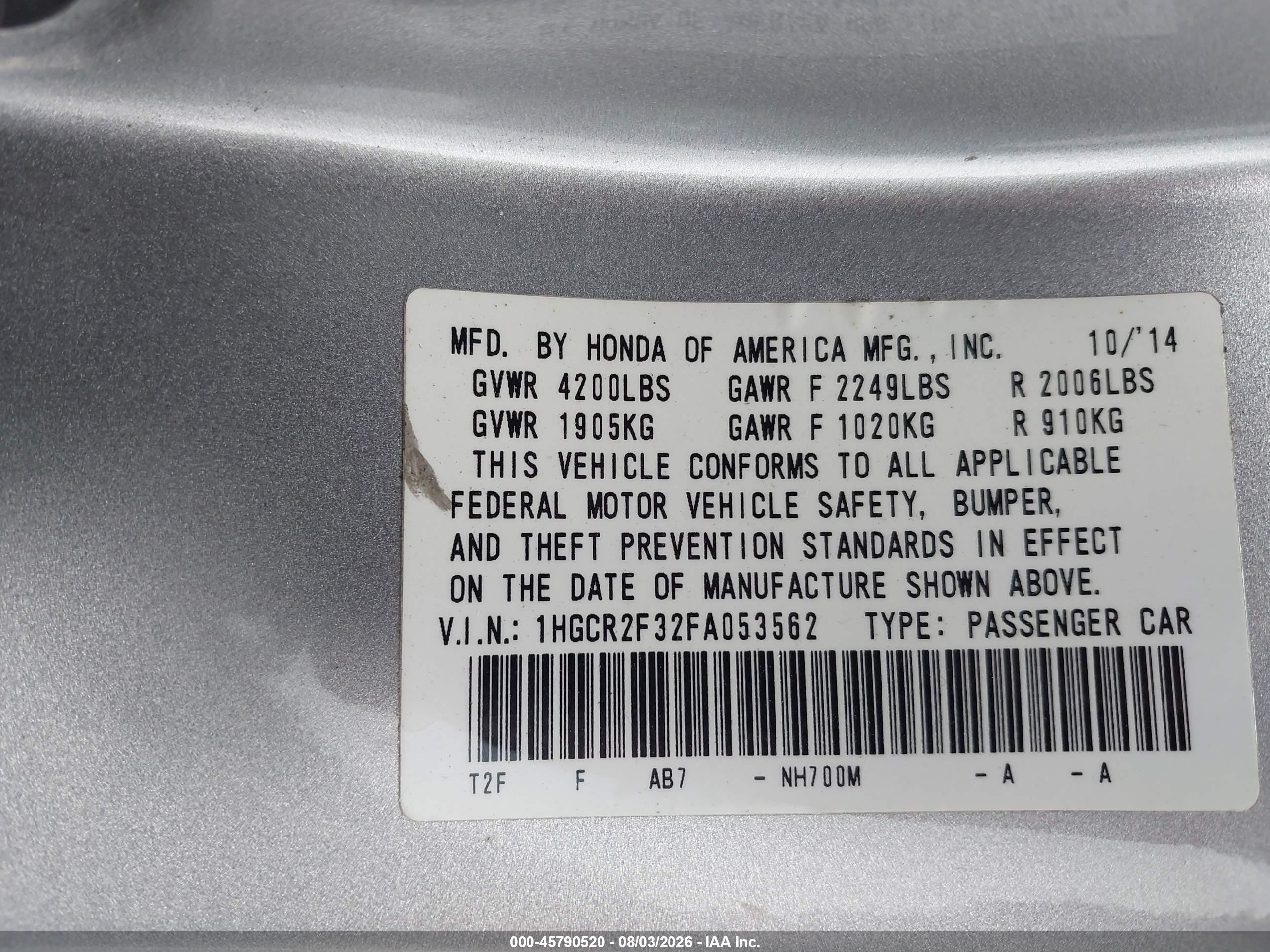 2015 Honda Accord Lx Серый vin: 1HGCR2F32FA053562