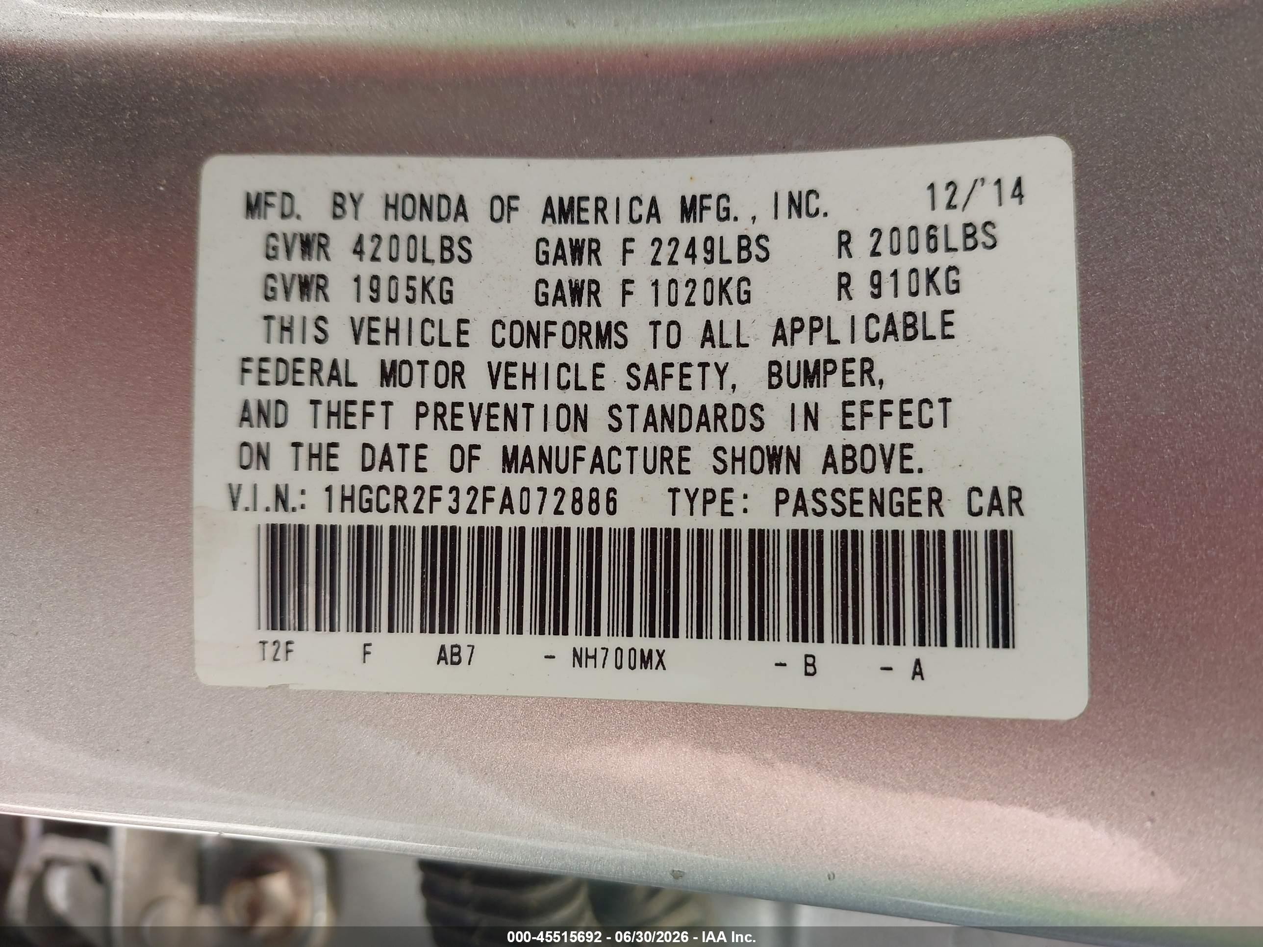2015 Honda Accord Lx Серебряный vin: 1HGCR2F32FA072886