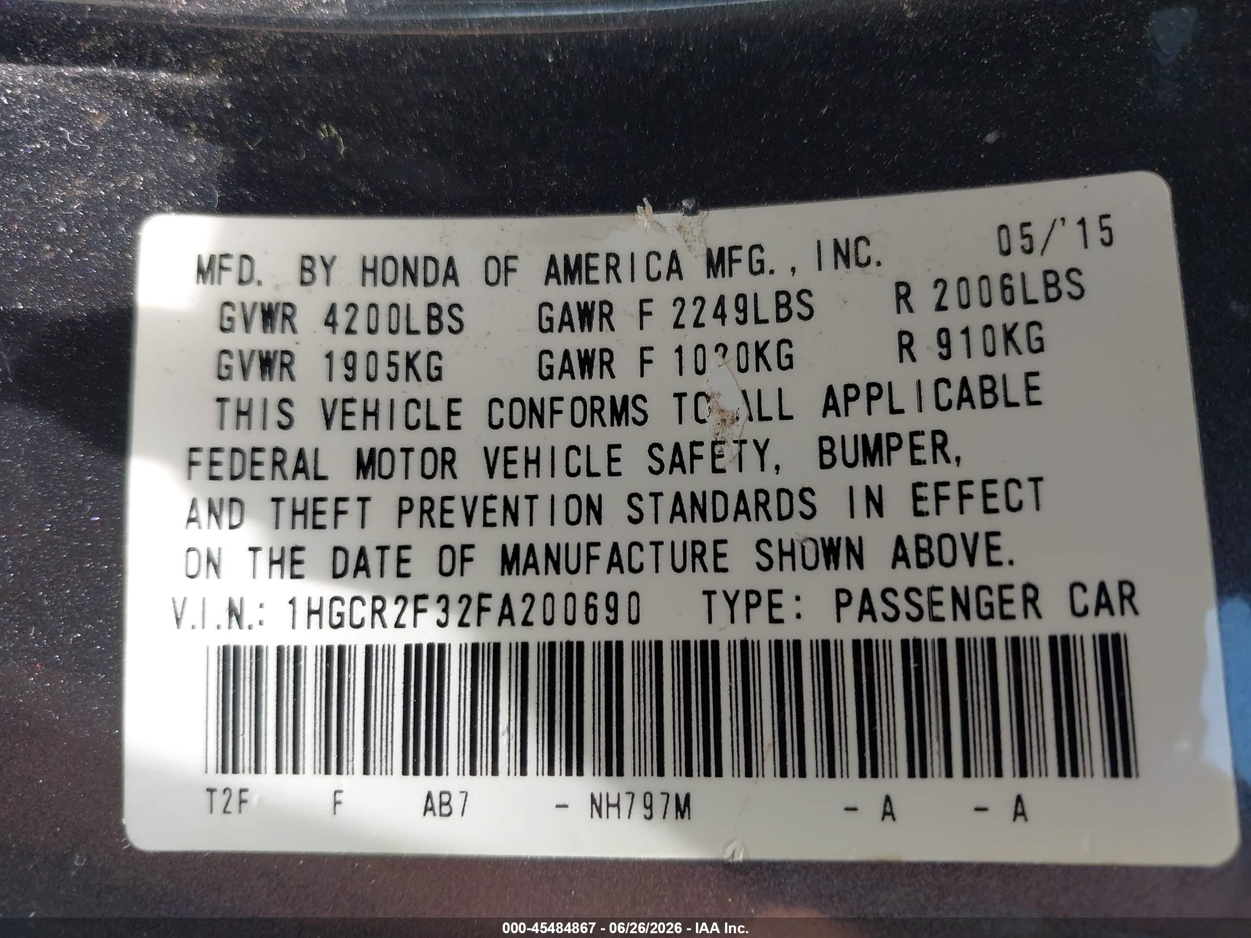 2015 Honda Accord Lx Gray vin: 1HGCR2F32FA200690