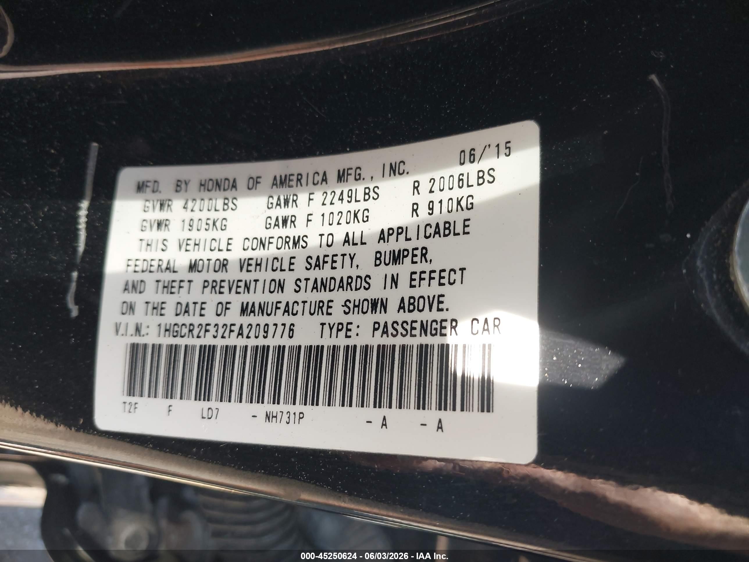 2015 Honda Accord Lx Черный vin: 1HGCR2F32FA209776