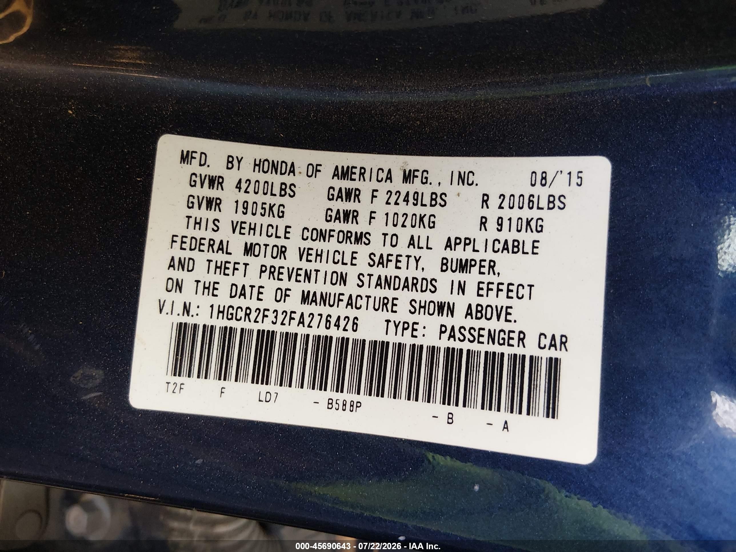 2015 Honda Accord Lx Синий vin: 1HGCR2F32FA276426