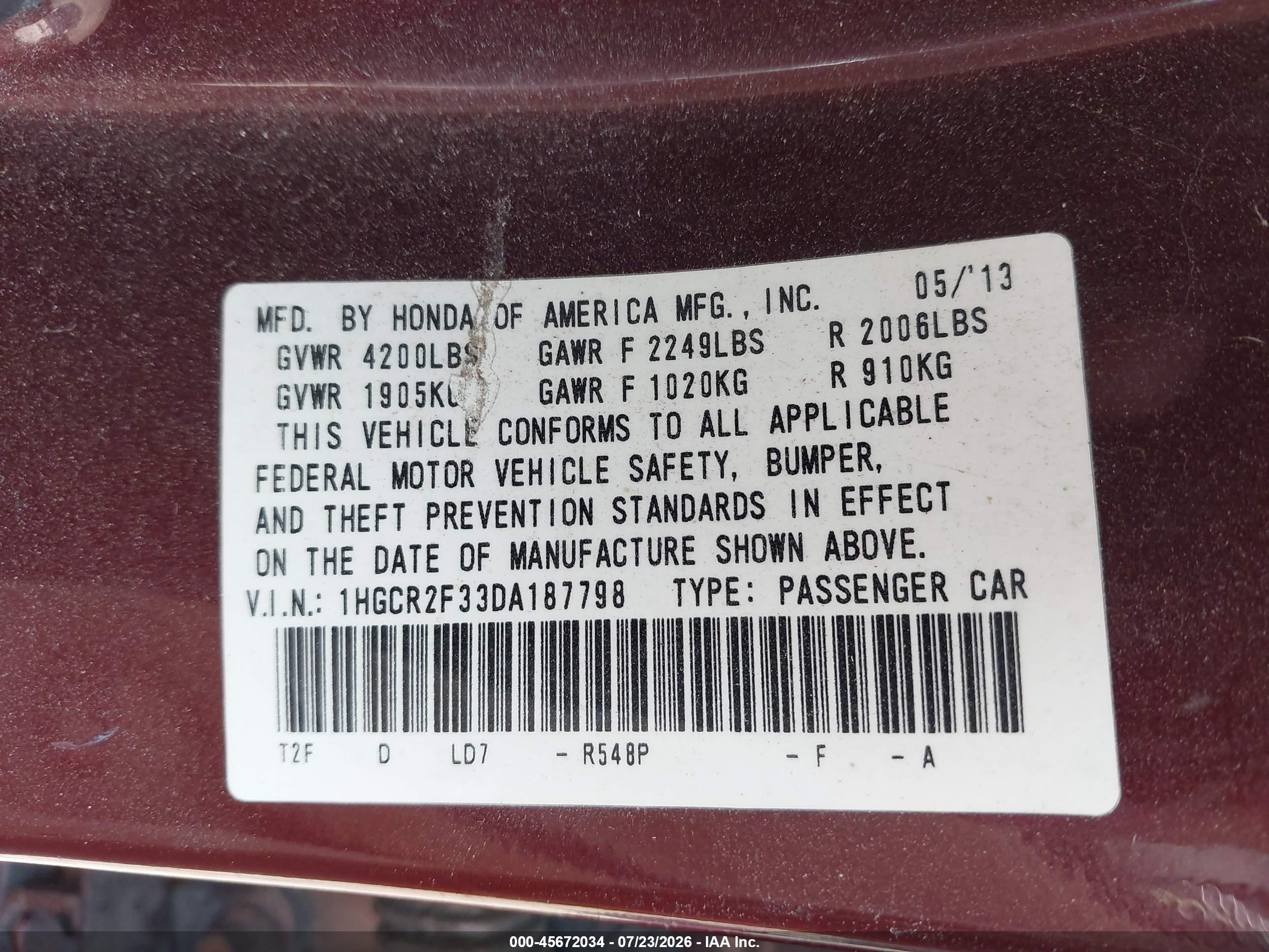 2013 Honda Accord Lx Red vin: 1HGCR2F33DA187798