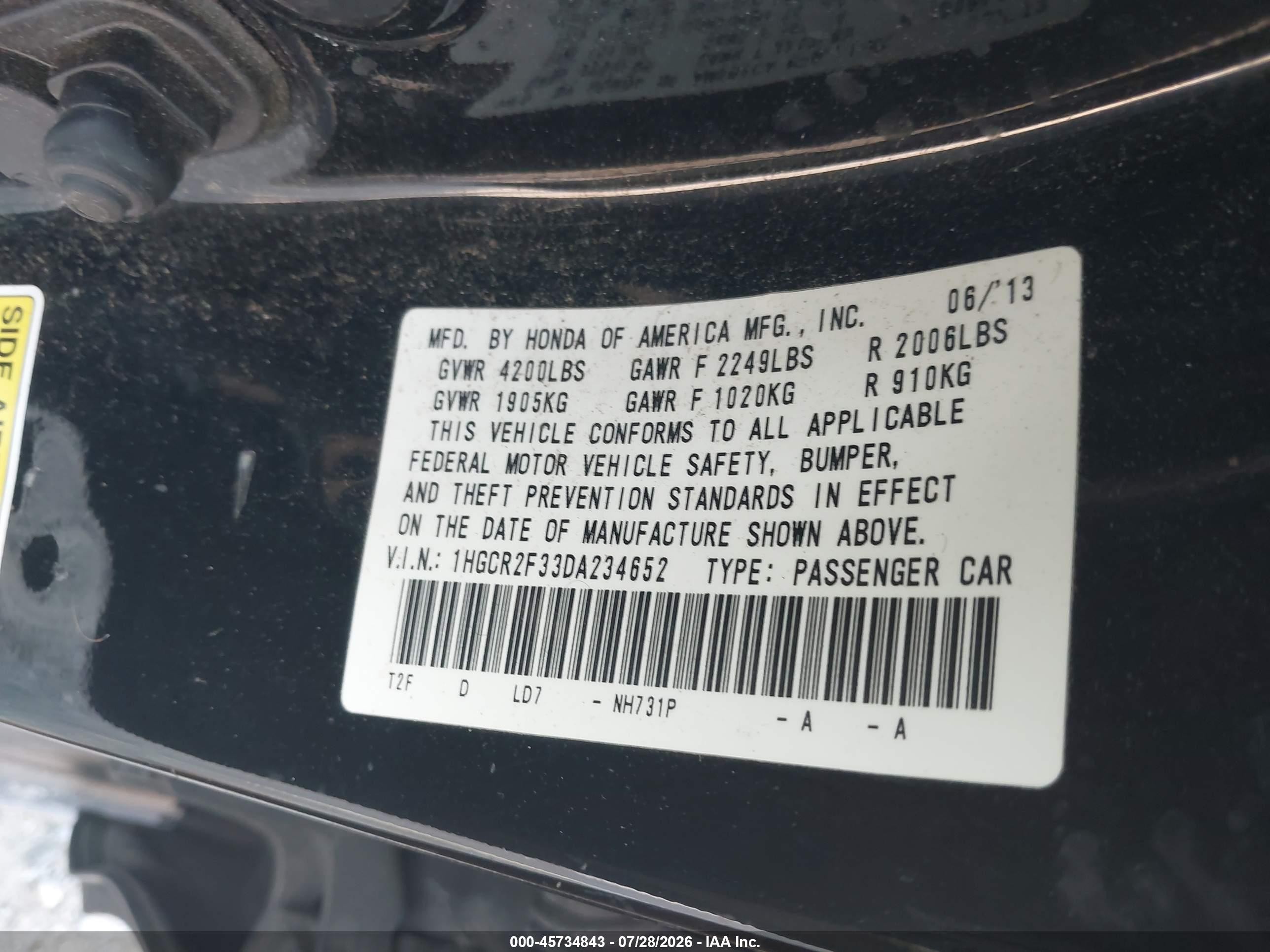 2013 Honda Accord Lx Black vin: 1HGCR2F33DA234652