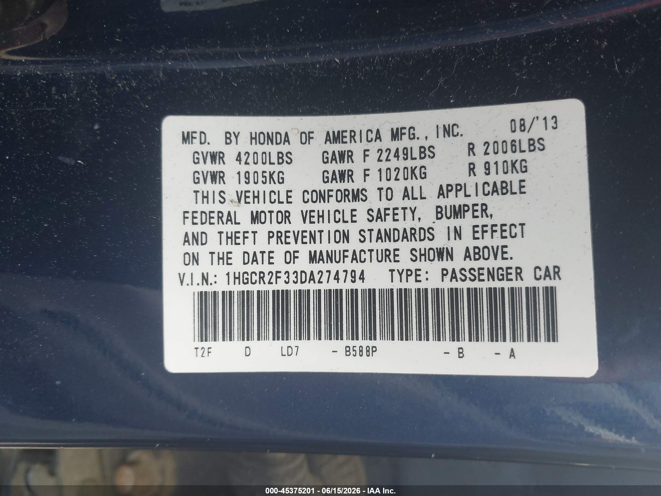 2013 Honda Accord Lx Blue vin: 1HGCR2F33DA274794
