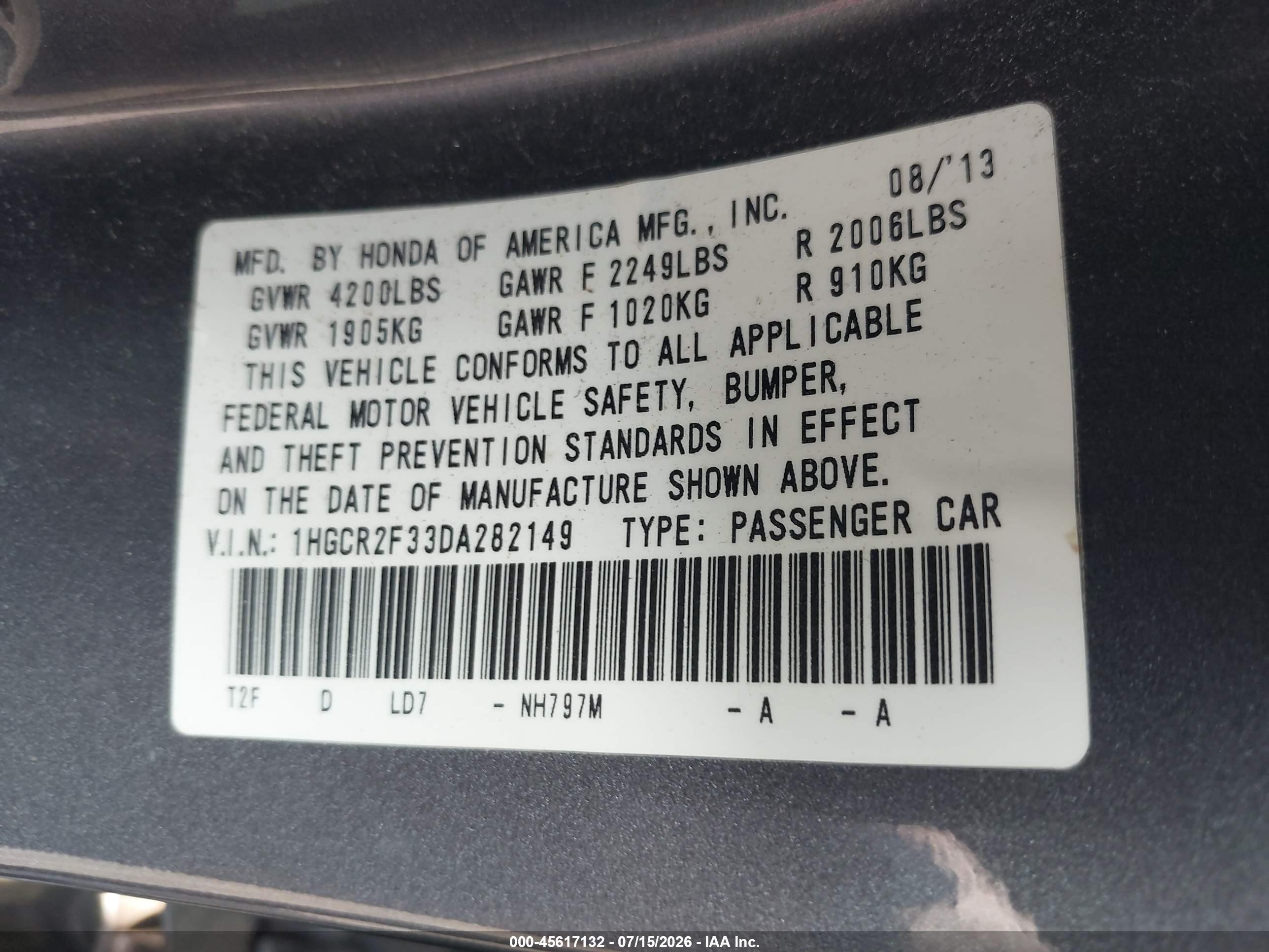 2013 Honda Accord Lx Gray vin: 1HGCR2F33DA282149