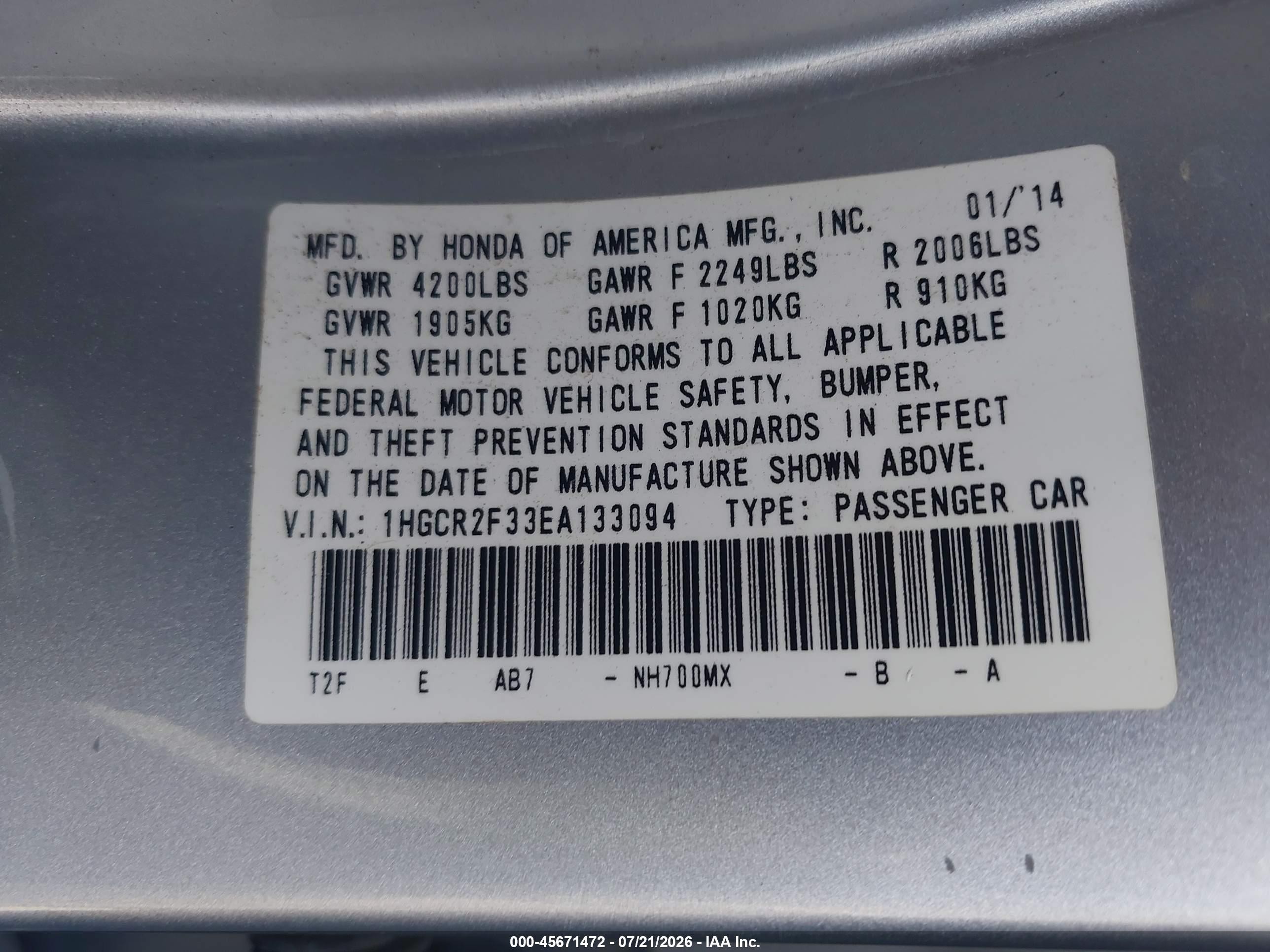 2014 Honda Accord Lx Silver vin: 1HGCR2F33EA133094