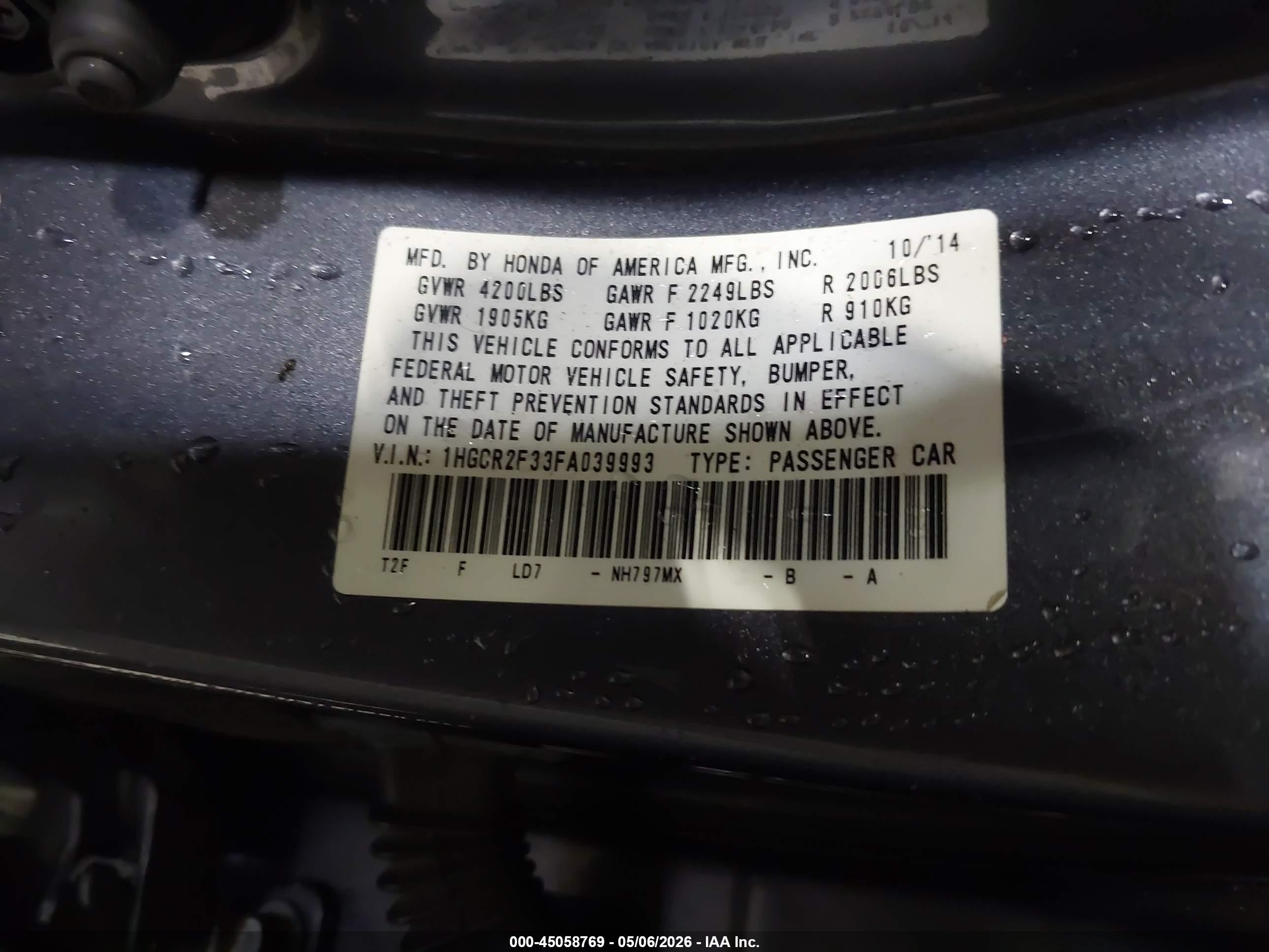 2015 Honda Accord Lx Gray vin: 1HGCR2F33FA039993
