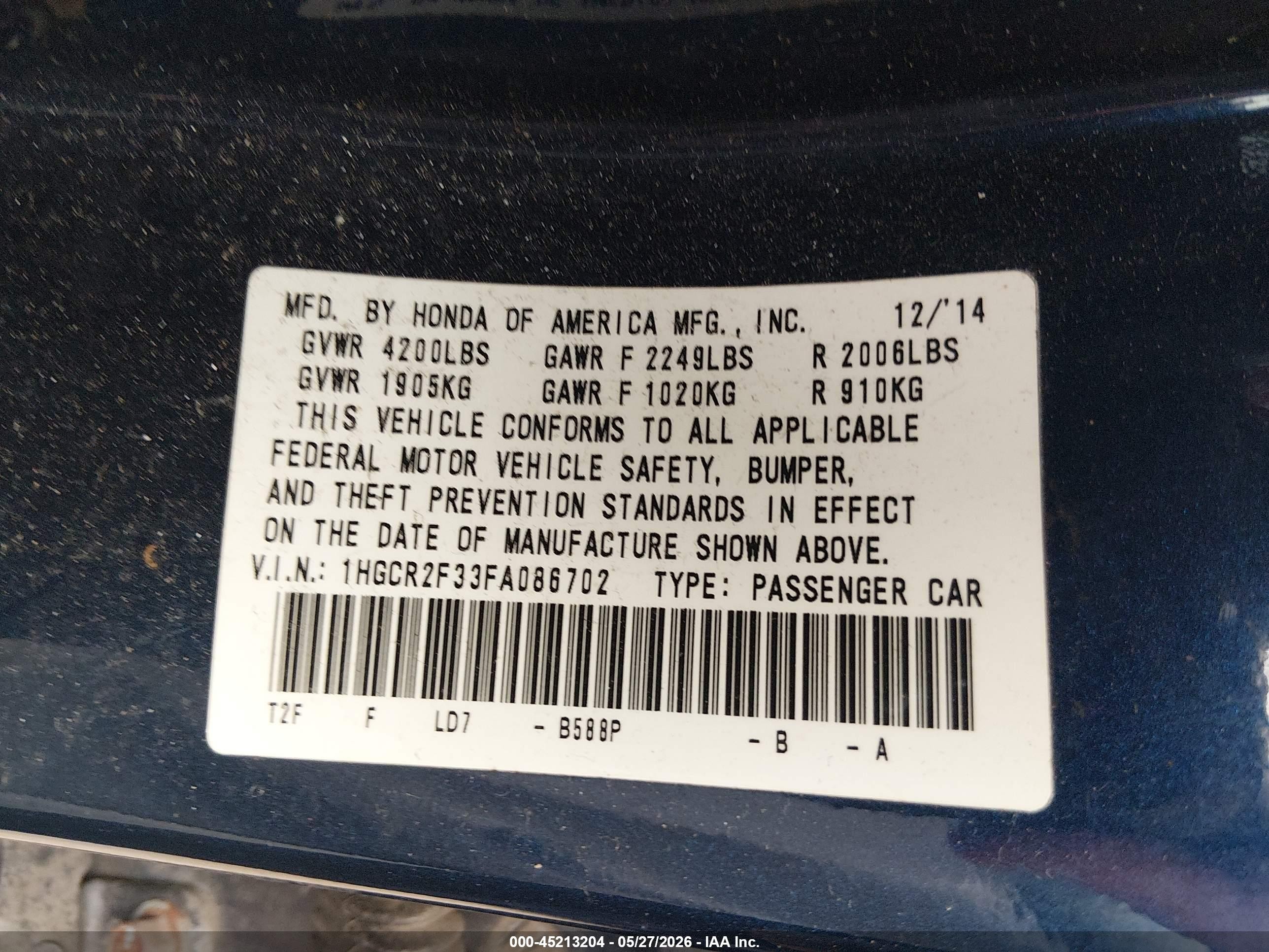 2015 Honda Accord Lx Blue vin: 1HGCR2F33FA086702