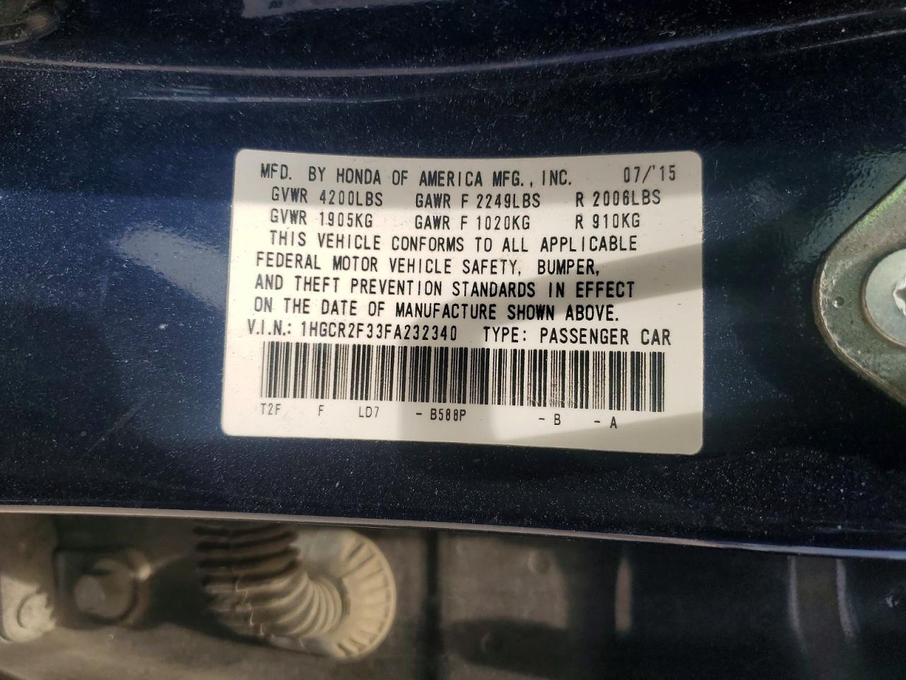 2015 Honda Accord Lx Blue vin: 1HGCR2F33FA232340