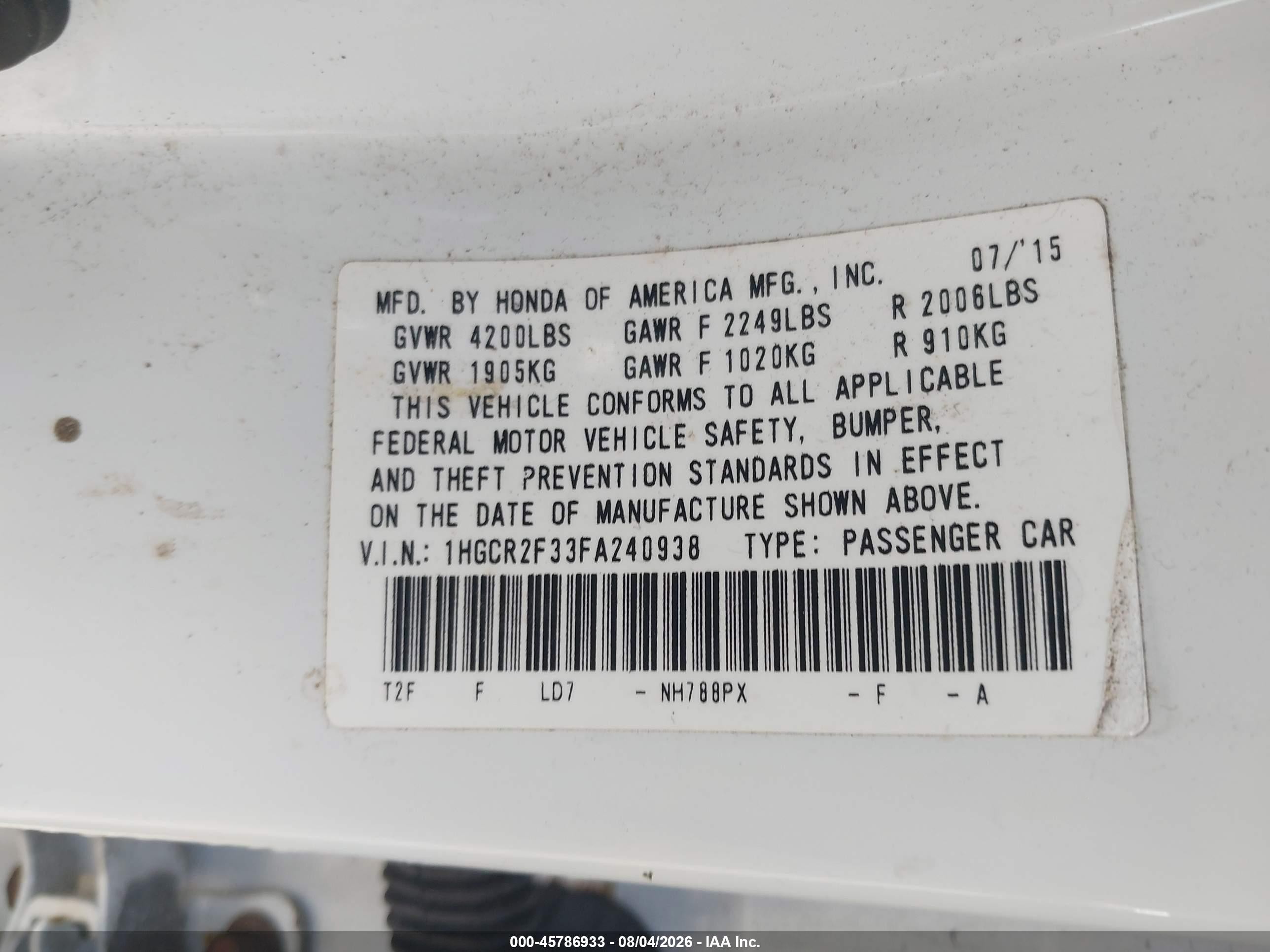 2015 Honda Accord Lx White vin: 1HGCR2F33FA240938