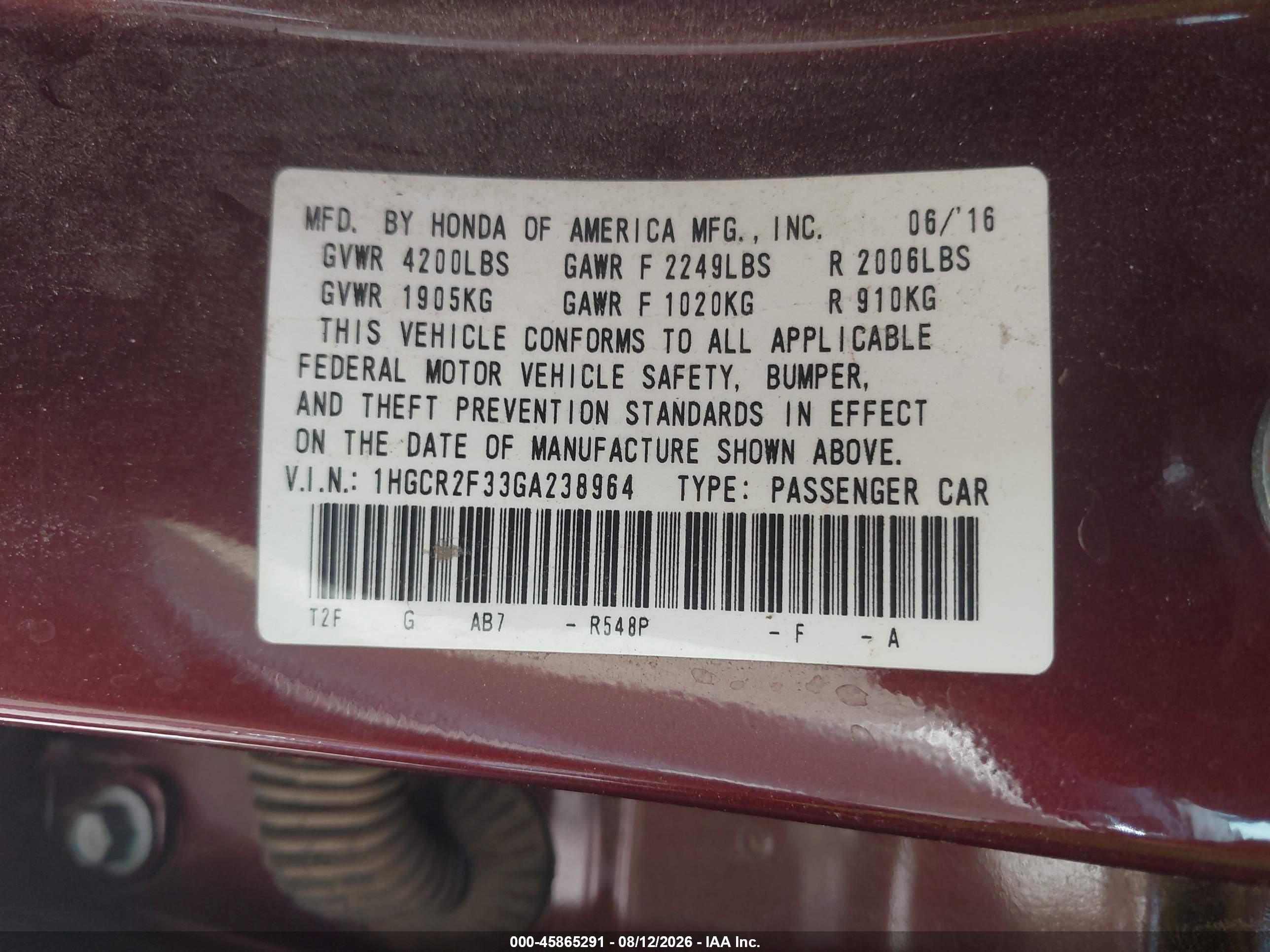 2016 Honda Accord Lx Maroon vin: 1HGCR2F33GA238964