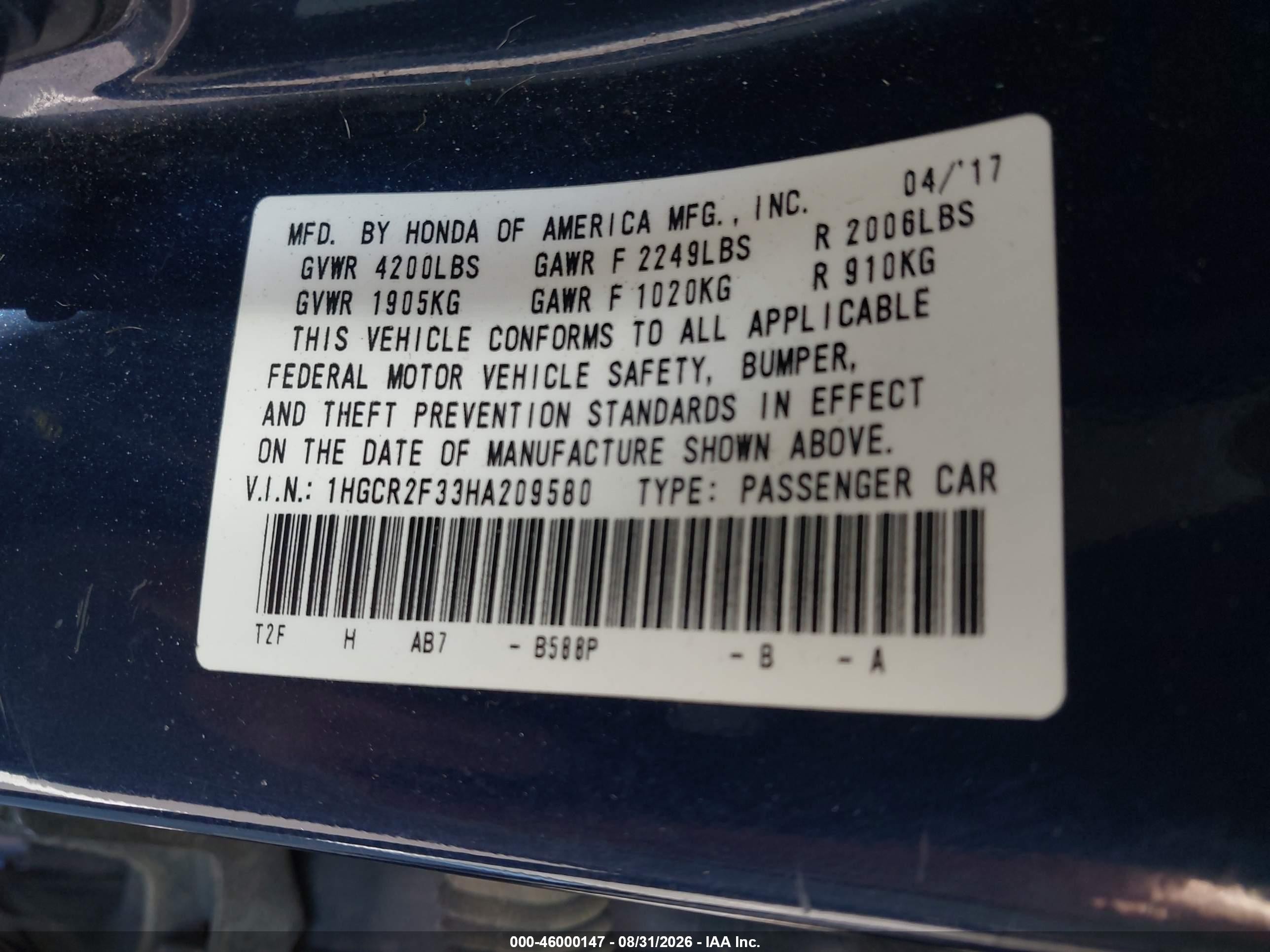 2017 Honda Accord Lx Синий vin: 1HGCR2F33HA209580