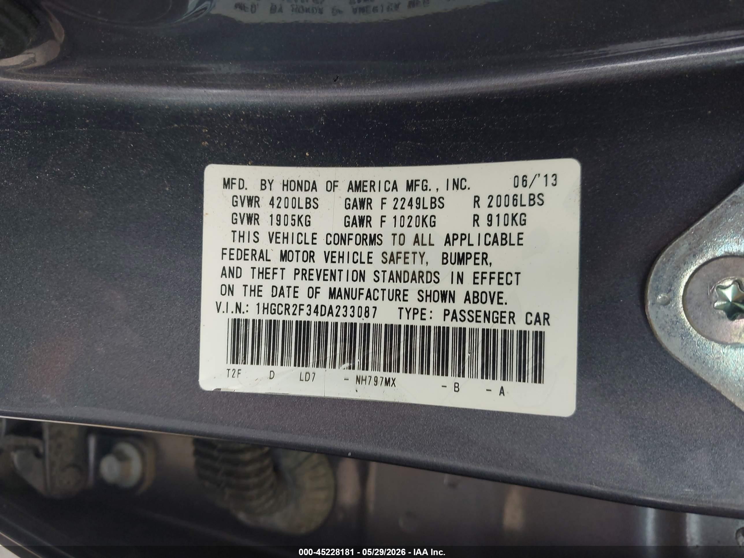 2013 Honda Accord Lx Gray vin: 1HGCR2F34DA233087