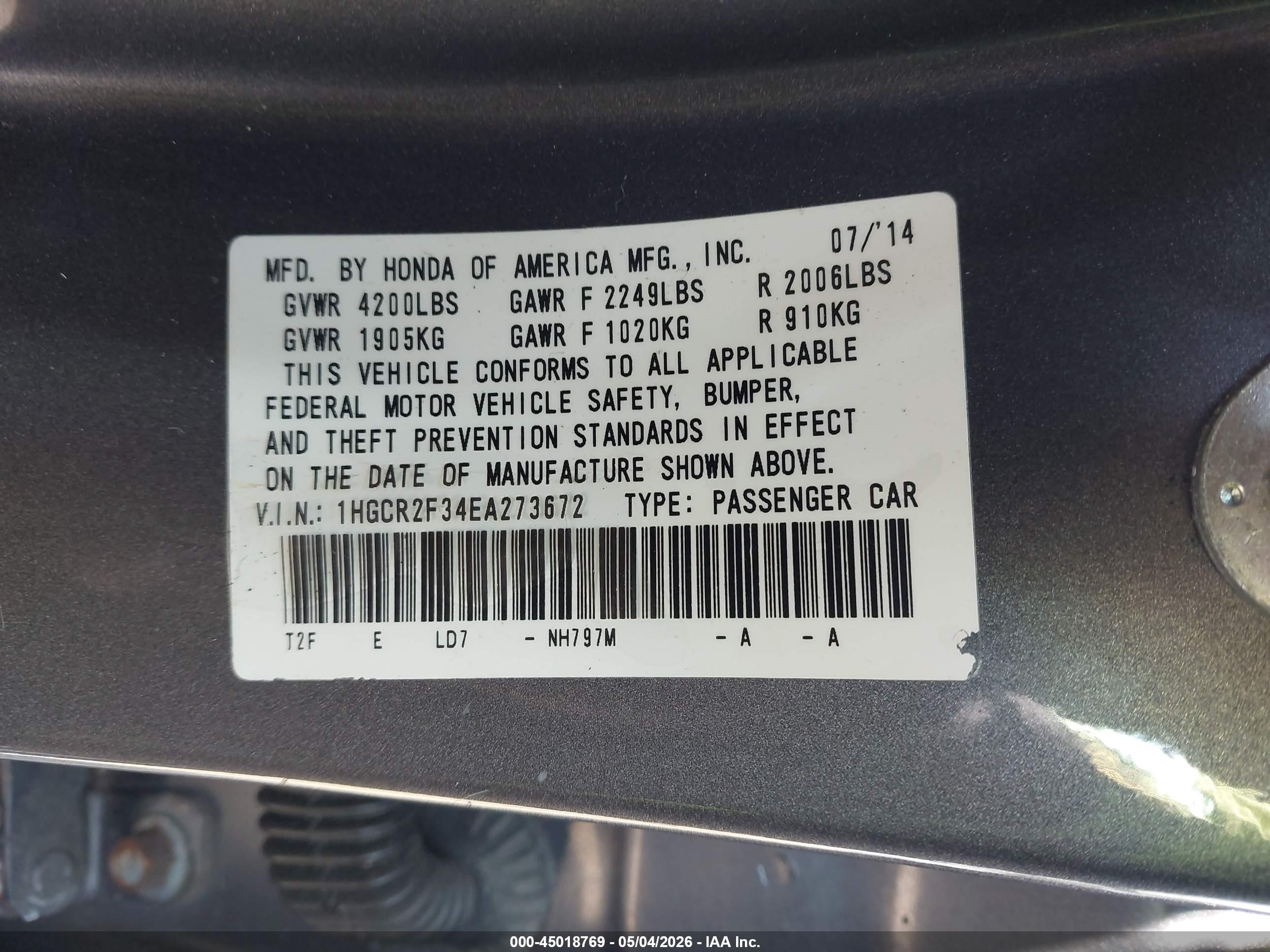 2014 Honda Accord Lx Gray vin: 1HGCR2F34EA273672